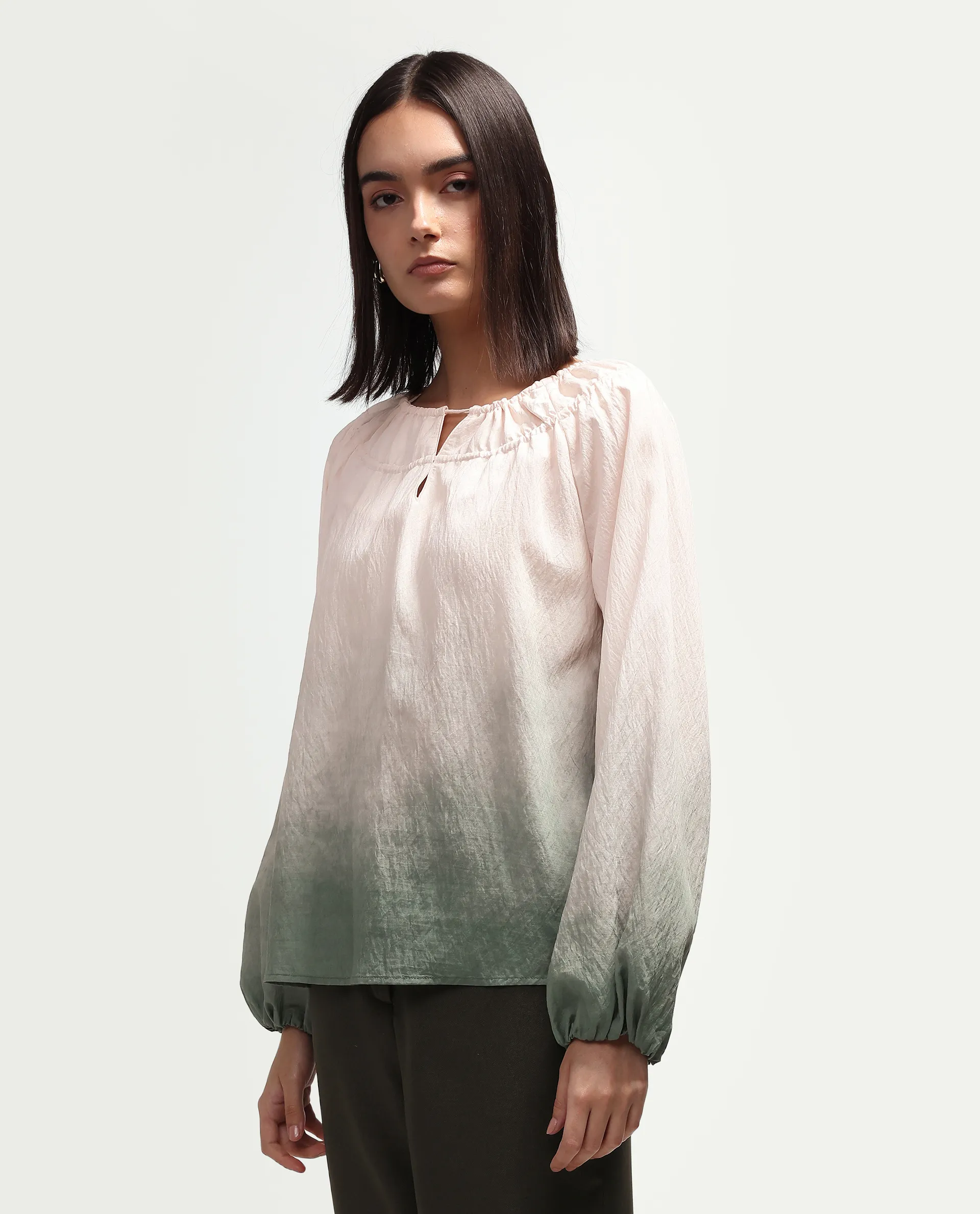 Rareism Women's Aelus Olive Viscose Blend Full Sleeve Regular Fit Ombre Print Top - Image 6