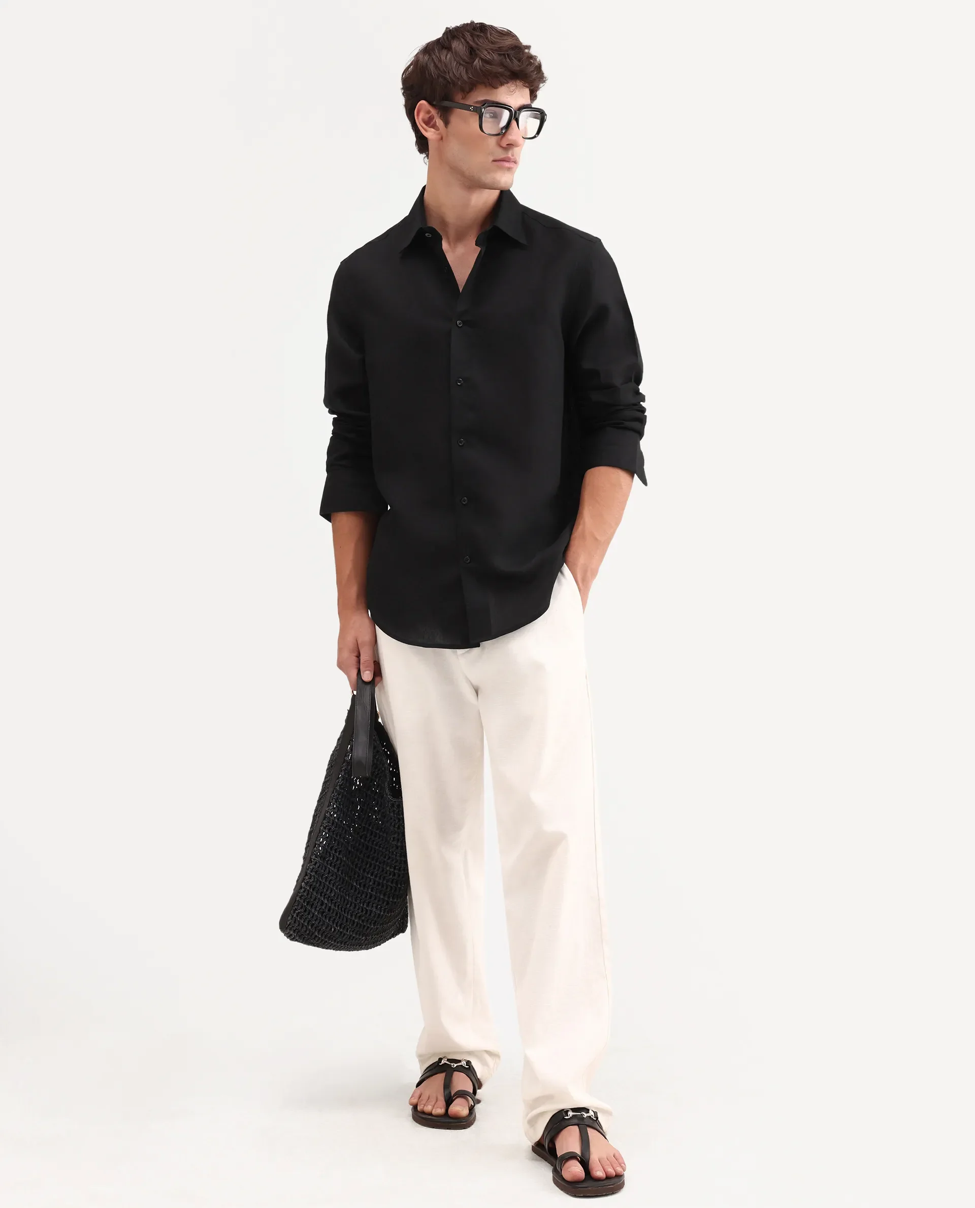 Rare Rabbit Men's Aeri-Fs Black Linen Blend Fabric Full Sleeve Spread Collar Button Regular Plain Shirt - Image 2