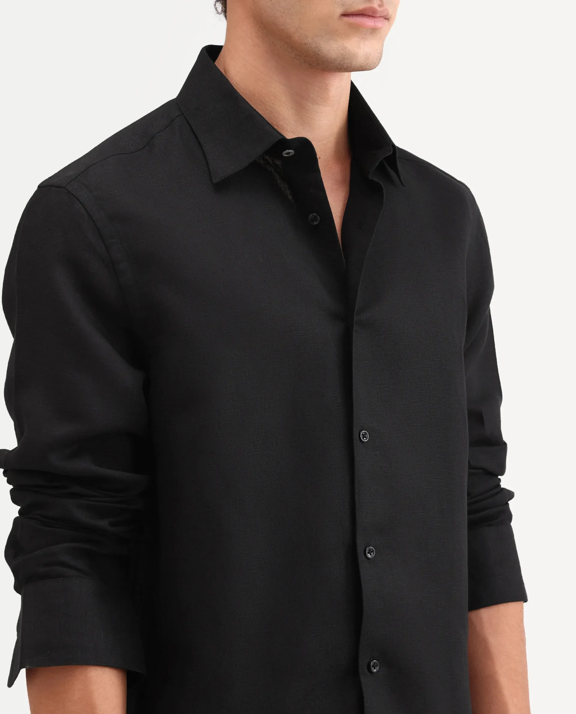Rare Rabbit Men's Aeri-Fs Black Linen Blend Fabric Full Sleeve Spread Collar Button Regular Plain Shirt - Image 3