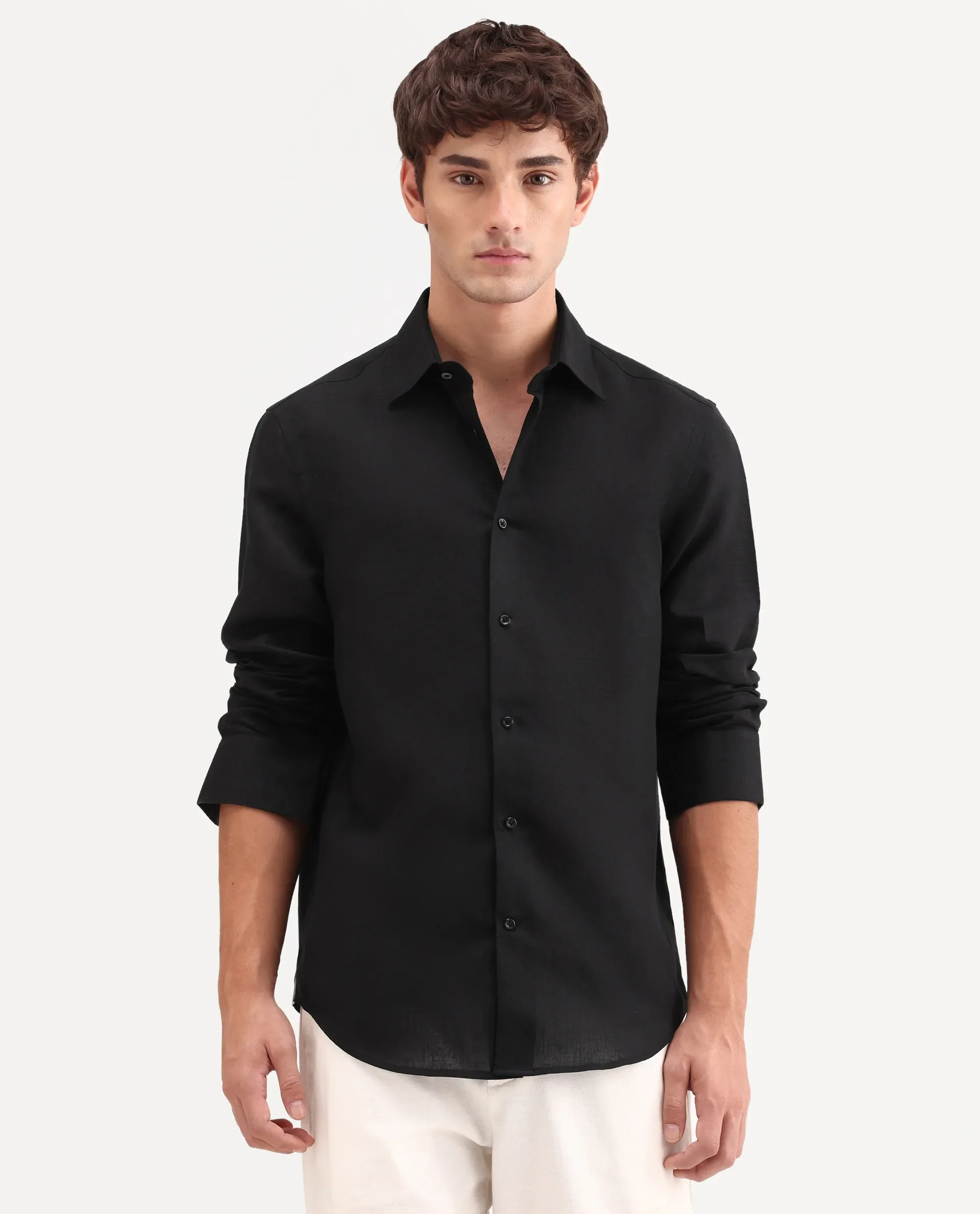 Rare Rabbit Men's Aeri-Fs Black Linen Blend Fabric Full Sleeve Spread Collar Button Regular Plain Shirt - Image 4