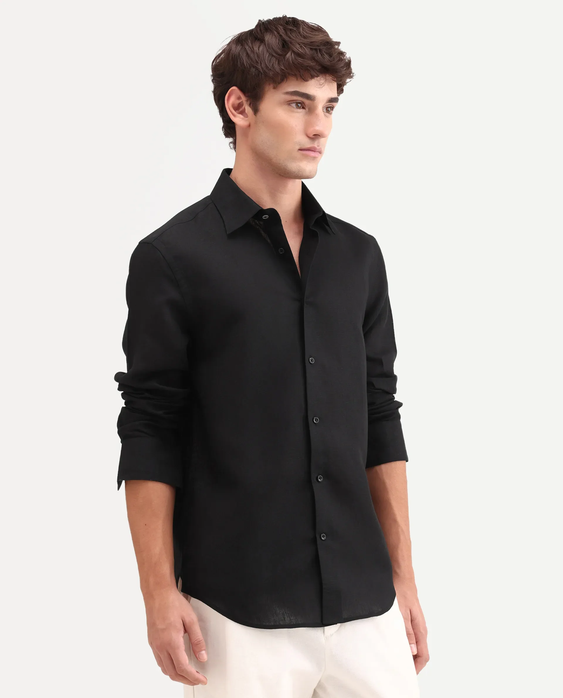 Rare Rabbit Men's Aeri-Fs Black Linen Blend Fabric Full Sleeve Spread Collar Button Regular Plain Shirt - Image 5