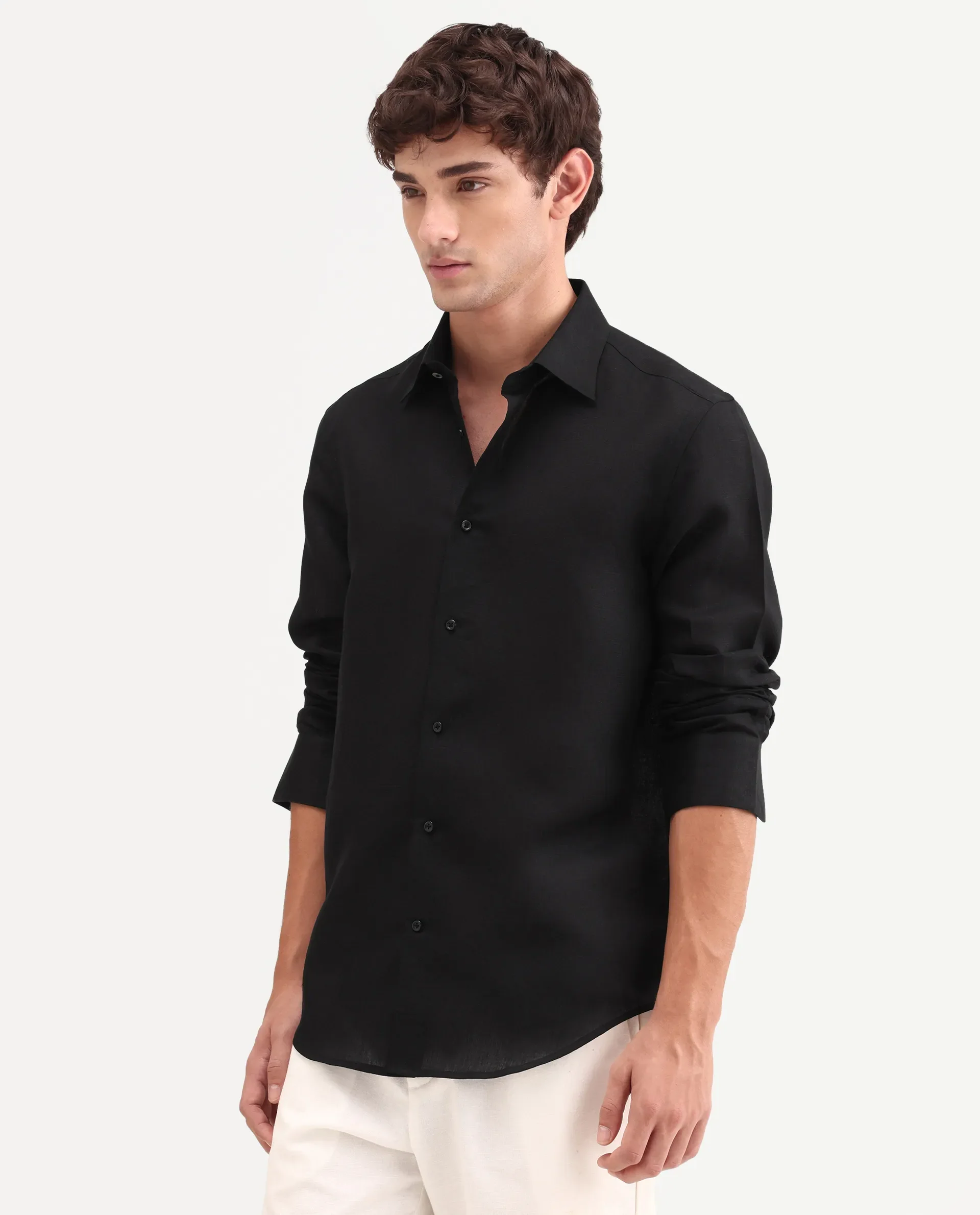 Rare Rabbit Men's Aeri-Fs Black Linen Blend Fabric Full Sleeve Spread Collar Button Regular Plain Shirt - Image 6