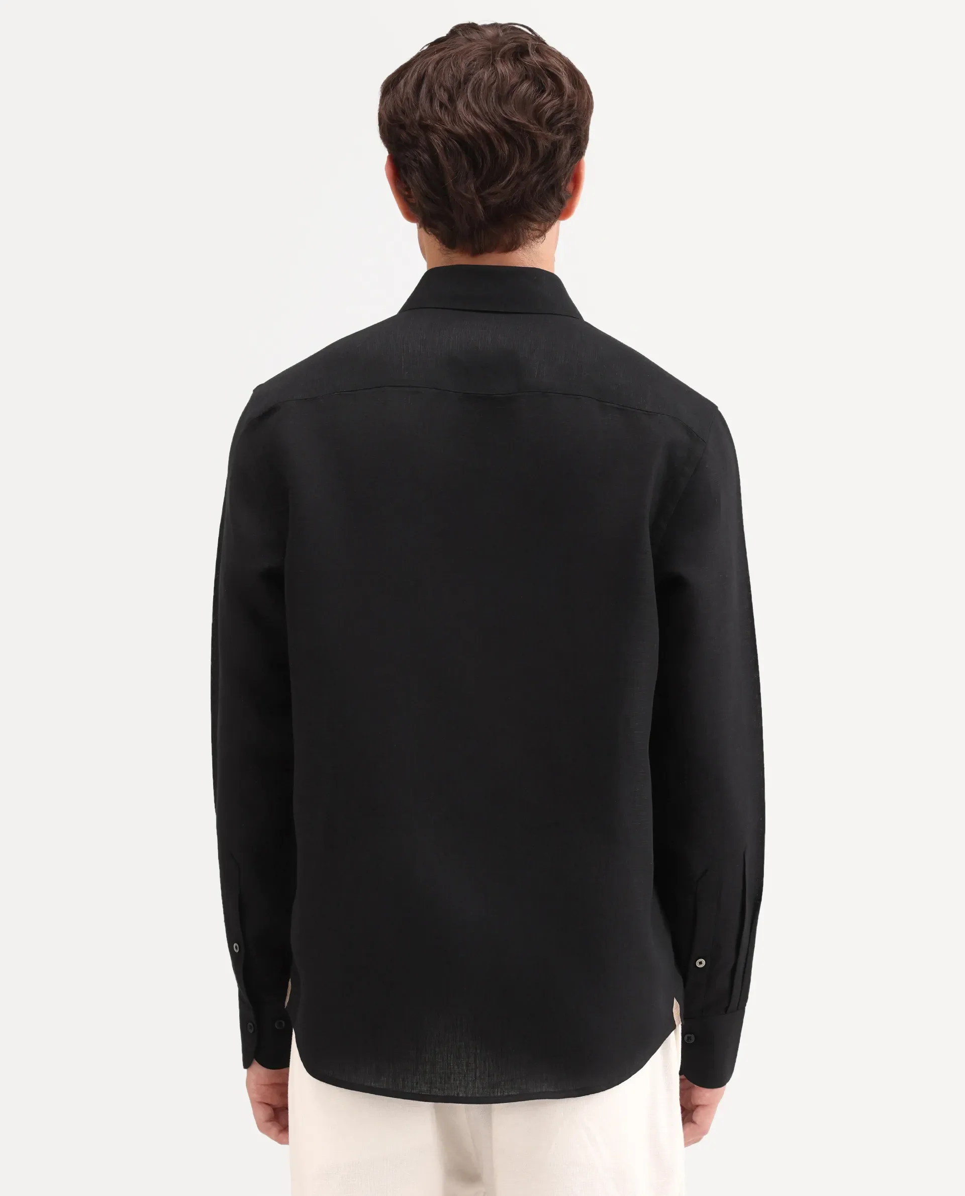 Rare Rabbit Men's Aeri-Fs Black Linen Blend Fabric Full Sleeve Spread Collar Button Regular Plain Shirt - Image 7