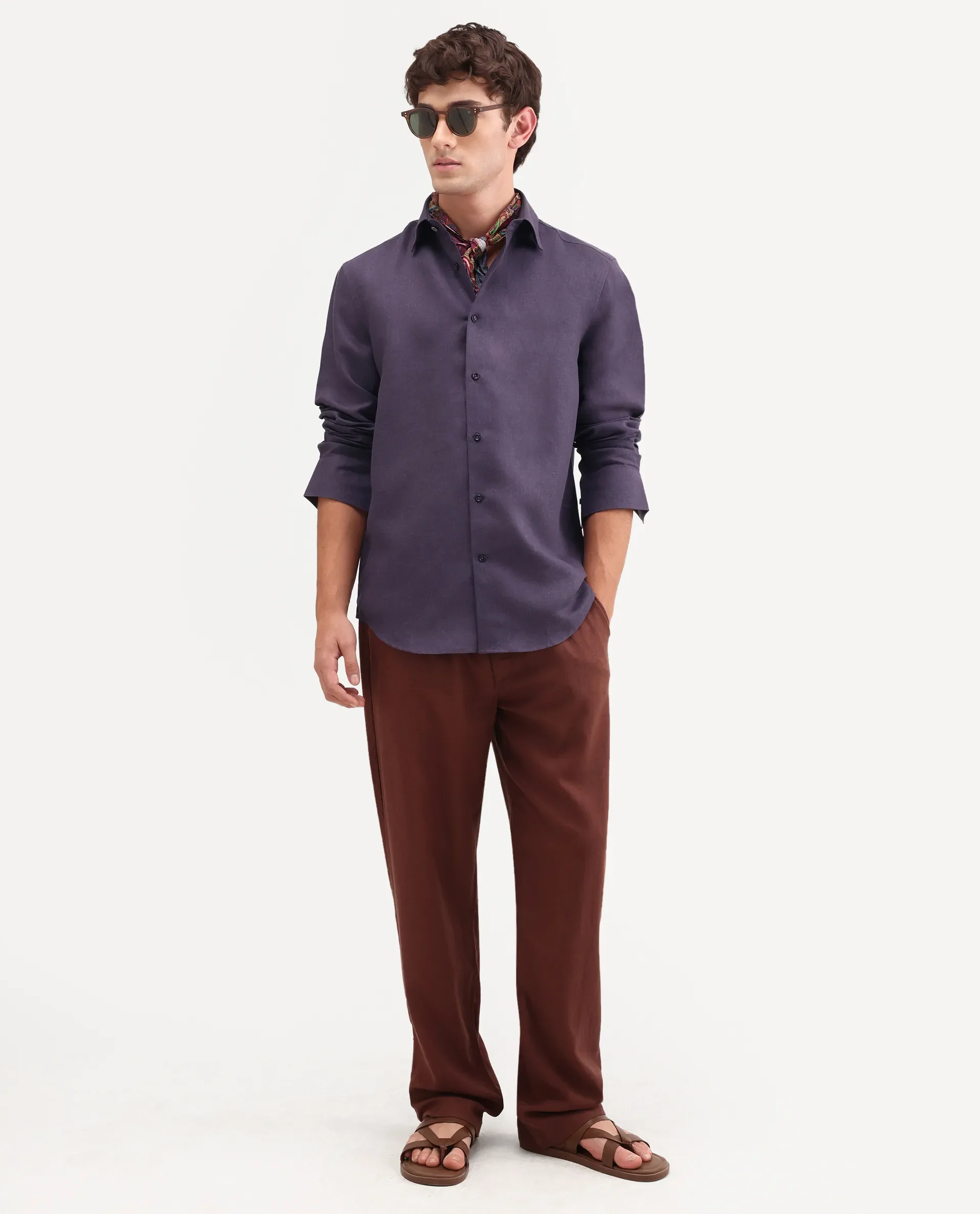 Rare Rabbit Men's Aeri-Fs Dark Purple Linen Blend Fabric Full Sleeve Spread Collar Button Regular Plain Shirt - Image 2