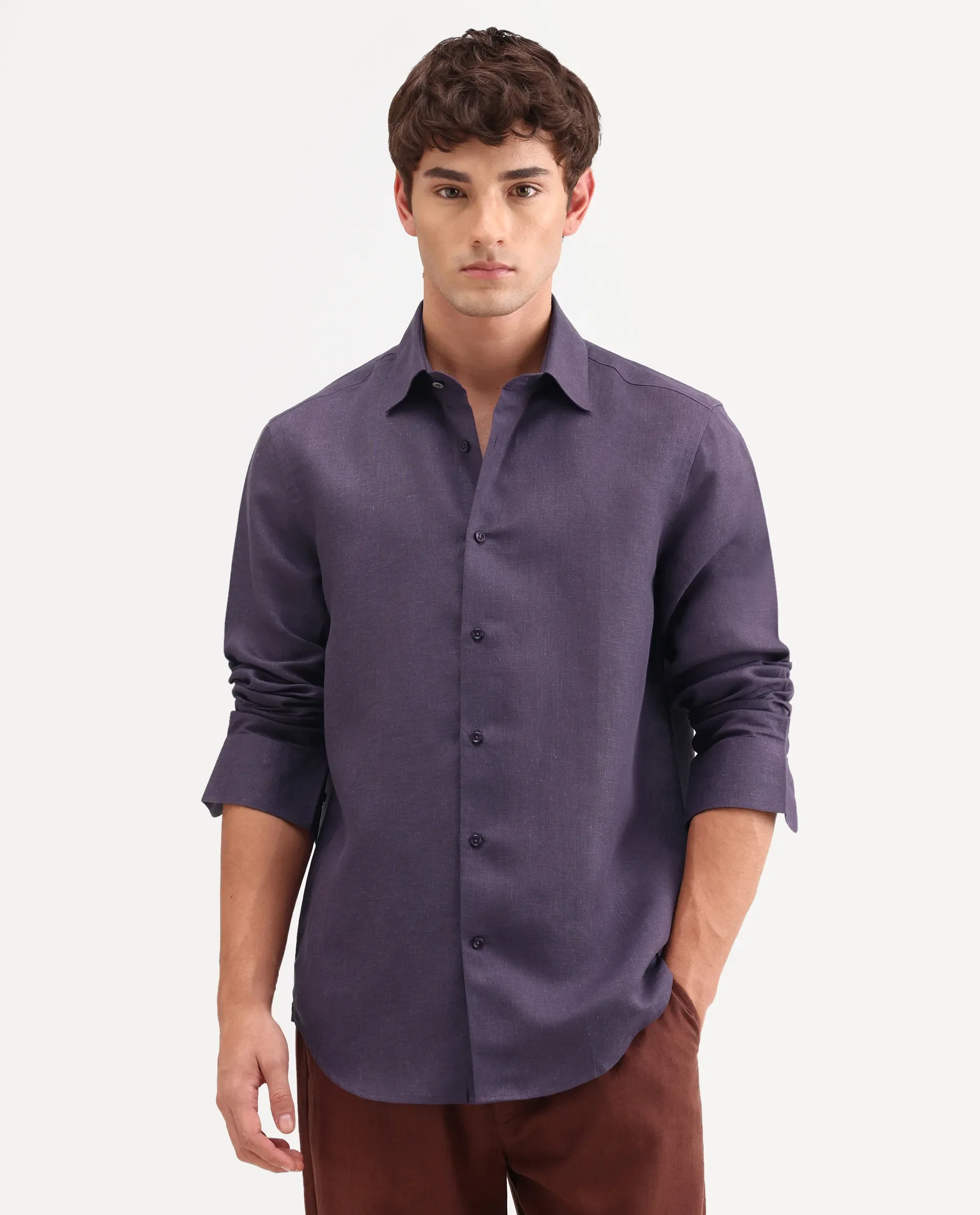 Rare Rabbit Men's Aeri-Fs Dark Purple Linen Blend Fabric Full Sleeve Spread Collar Button Regular Plain Shirt - Image 3