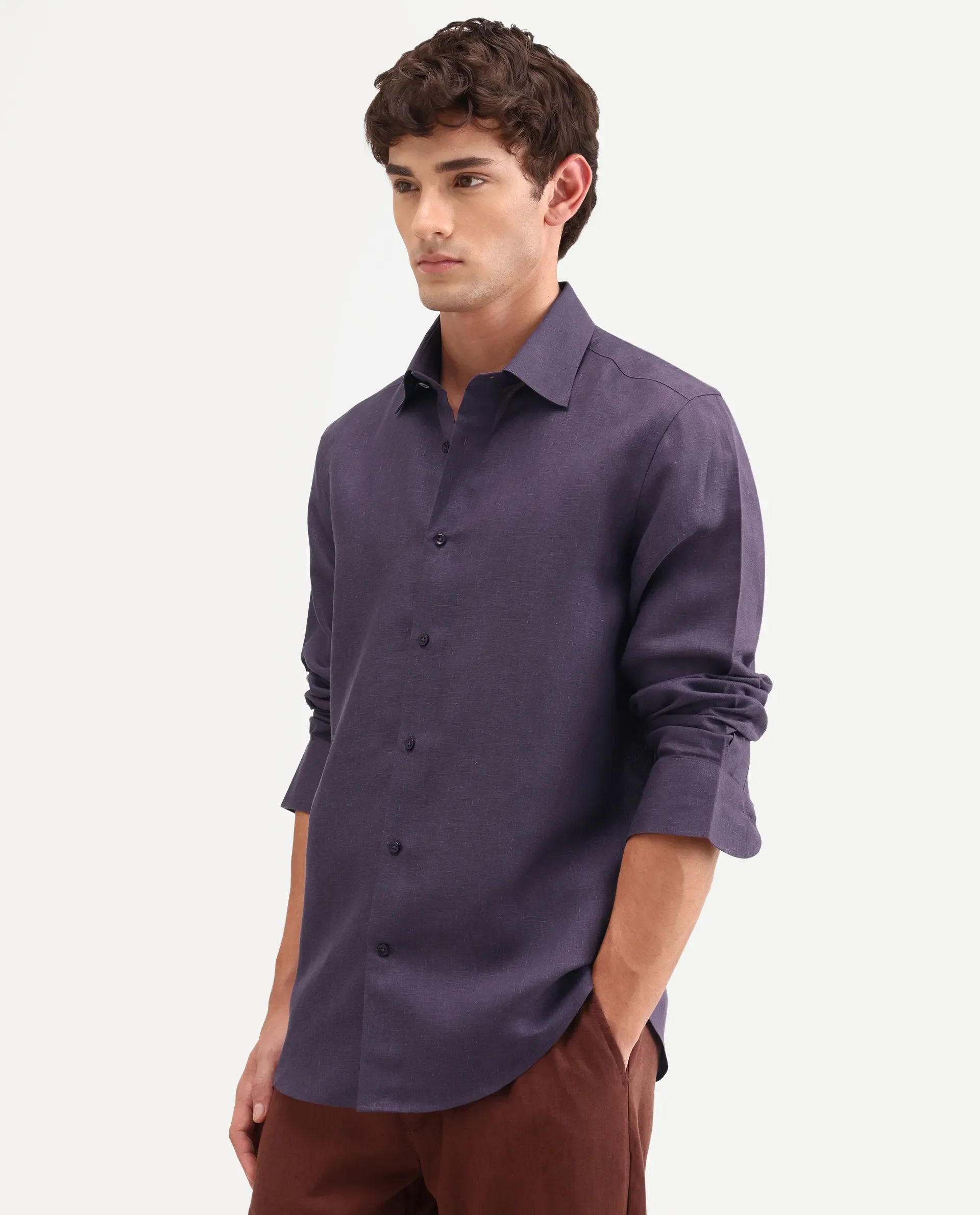 Rare Rabbit Men's Aeri-Fs Dark Purple Linen Blend Fabric Full Sleeve Spread Collar Button Regular Plain Shirt - Image 4