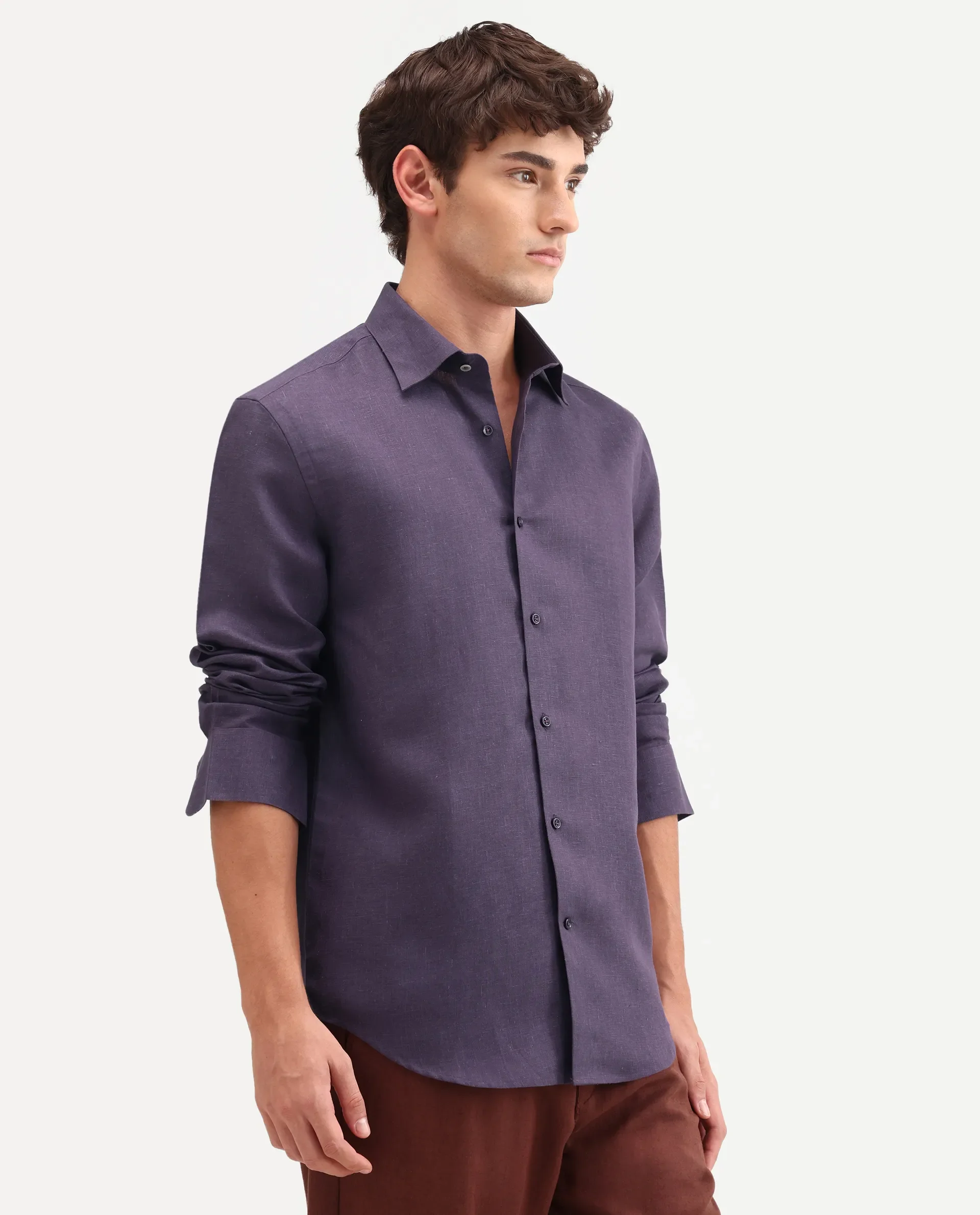 Rare Rabbit Men's Aeri-Fs Dark Purple Linen Blend Fabric Full Sleeve Spread Collar Button Regular Plain Shirt - Image 5