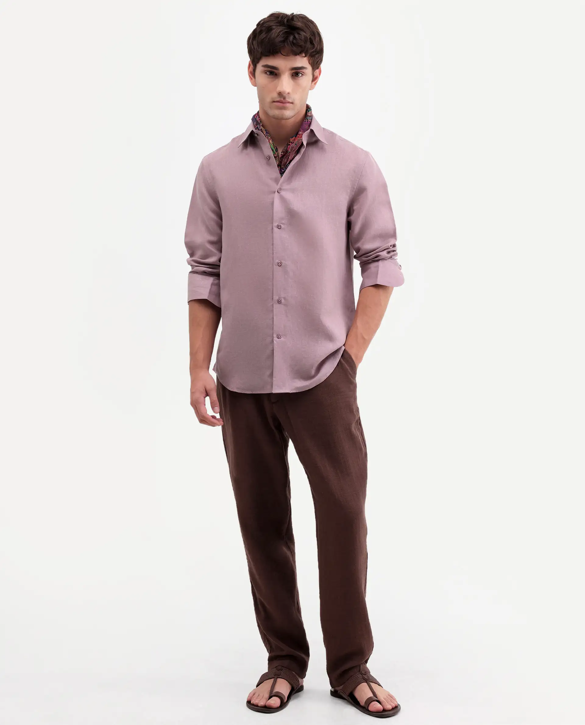 Rare Rabbit Men's Aeri-Fs Dusky Pink Linen Blend Fabric Full Sleeve Spread Collar Button Regular Plain Shirt - Image 2