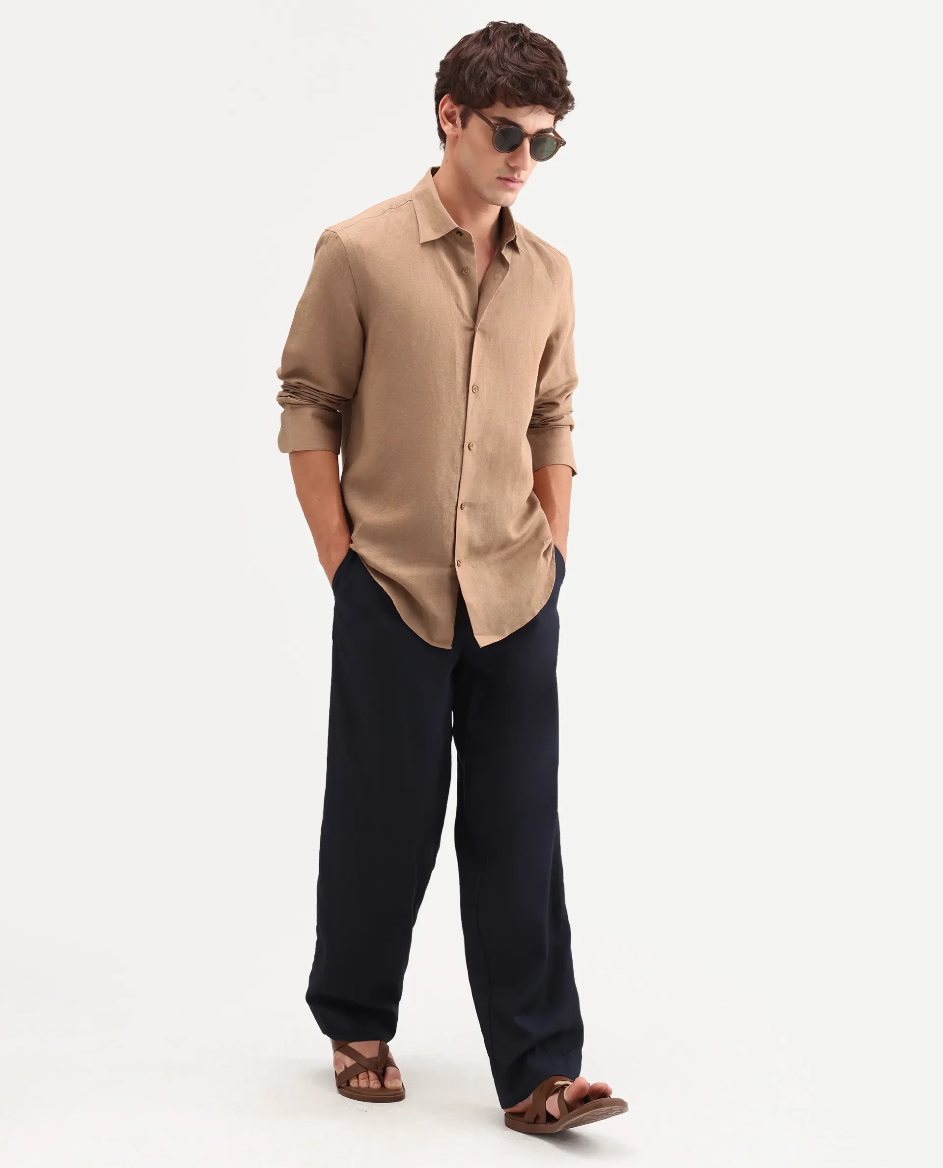Rare Rabbit Men's Aeri-Fs Light Brown Linen Blend Fabric Full Sleeve Spread Collar Button Regular Plain Shirt - Image 2