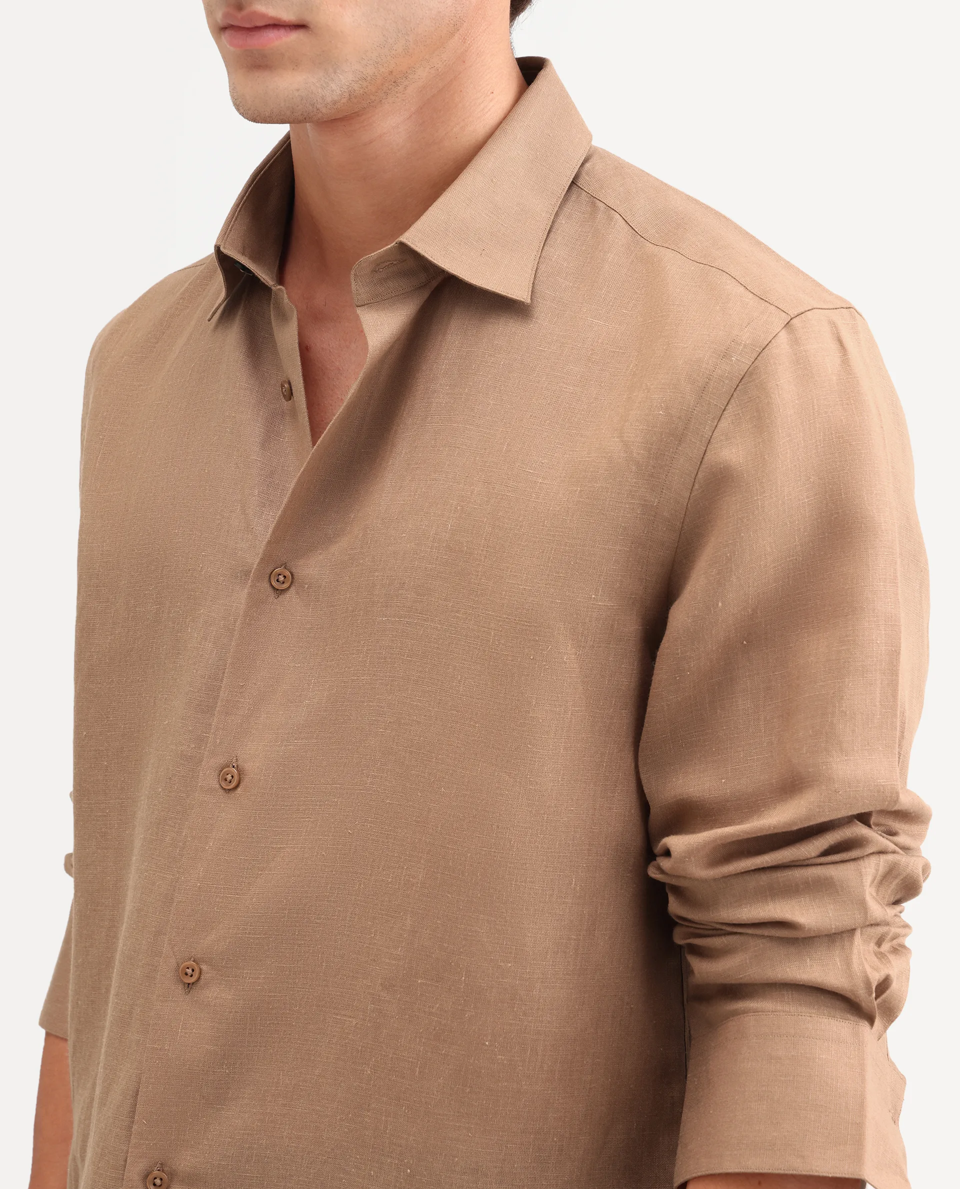 Rare Rabbit Men's Aeri-Fs Light Brown Linen Blend Fabric Full Sleeve Spread Collar Button Regular Plain Shirt - Image 3