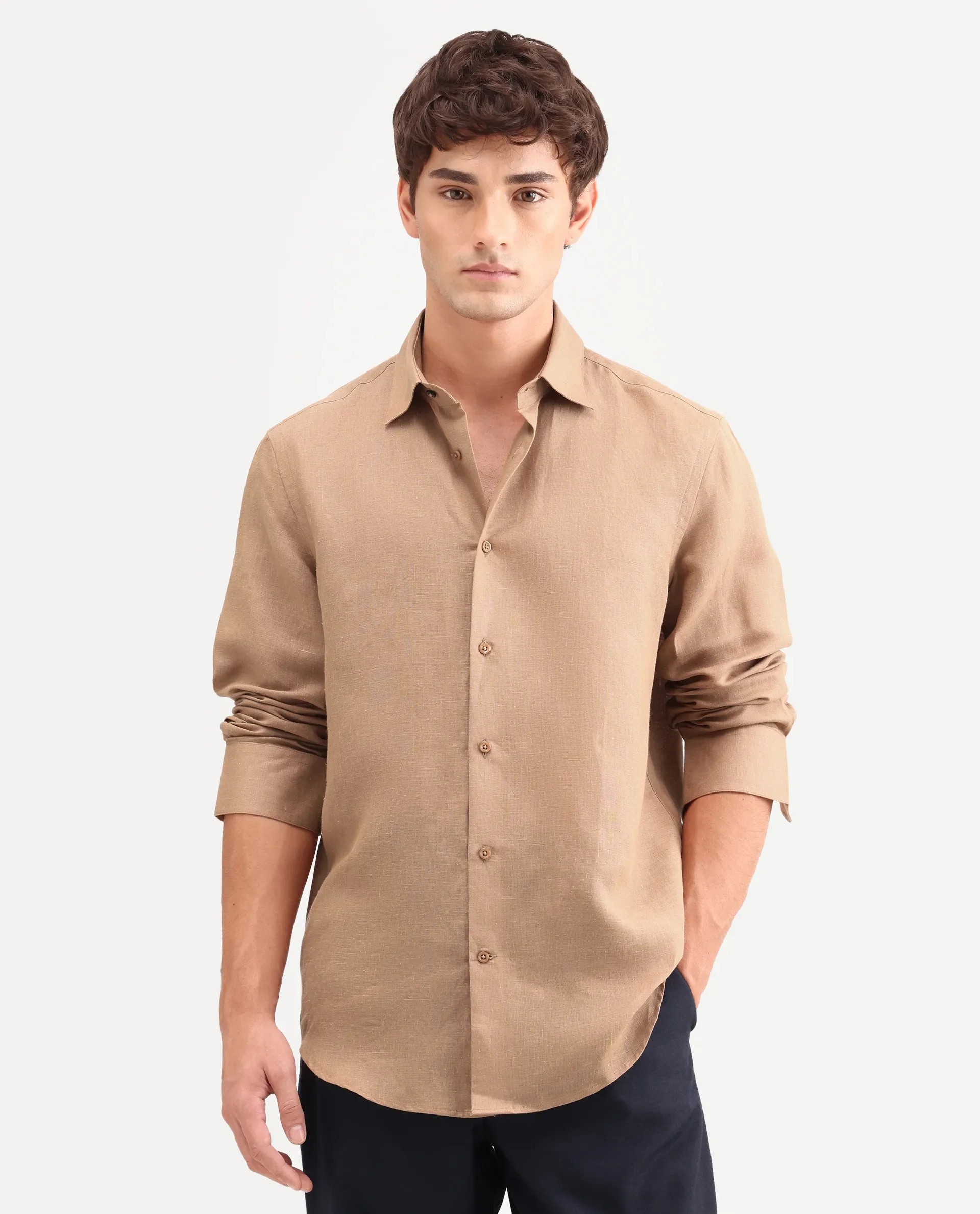 Rare Rabbit Men's Aeri-Fs Light Brown Linen Blend Fabric Full Sleeve Spread Collar Button Regular Plain Shirt - Image 4