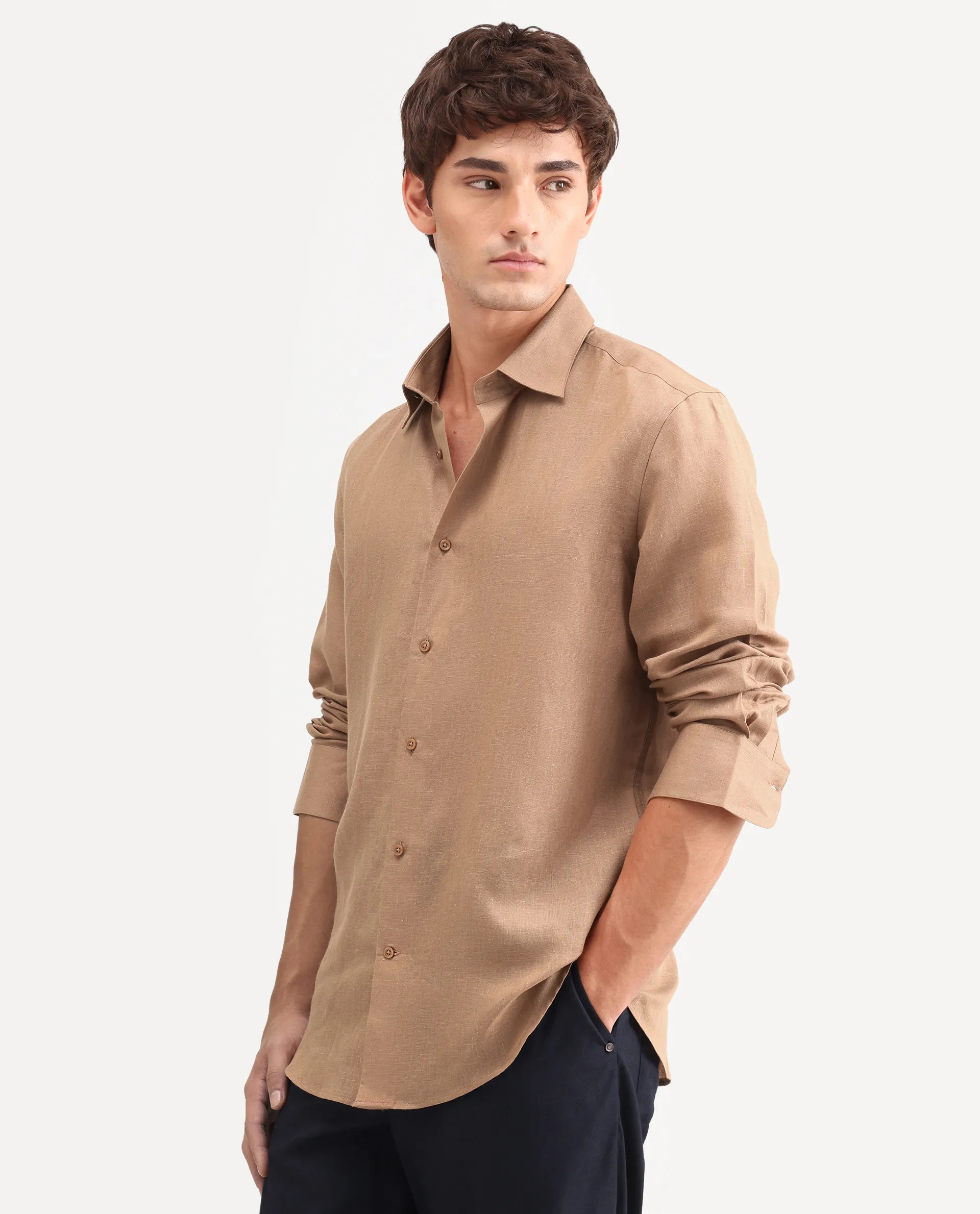 Rare Rabbit Men's Aeri-Fs Light Brown Linen Blend Fabric Full Sleeve Spread Collar Button Regular Plain Shirt - Image 5