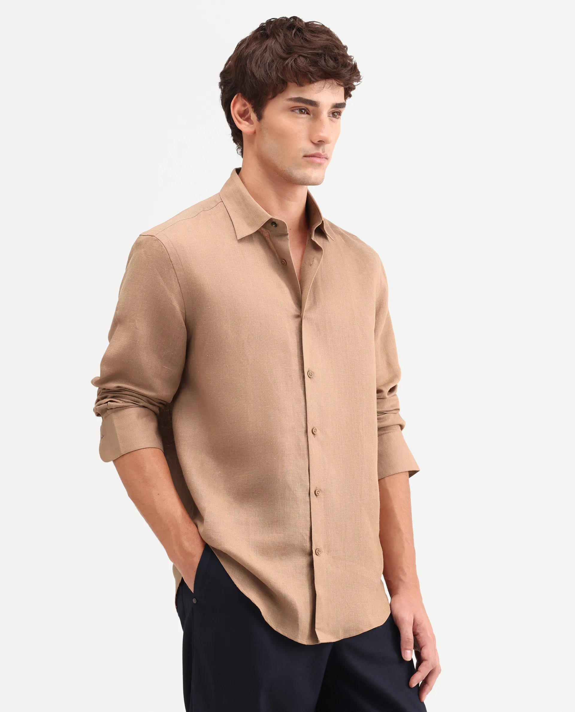 Rare Rabbit Men's Aeri-Fs Light Brown Linen Blend Fabric Full Sleeve Spread Collar Button Regular Plain Shirt - Image 6
