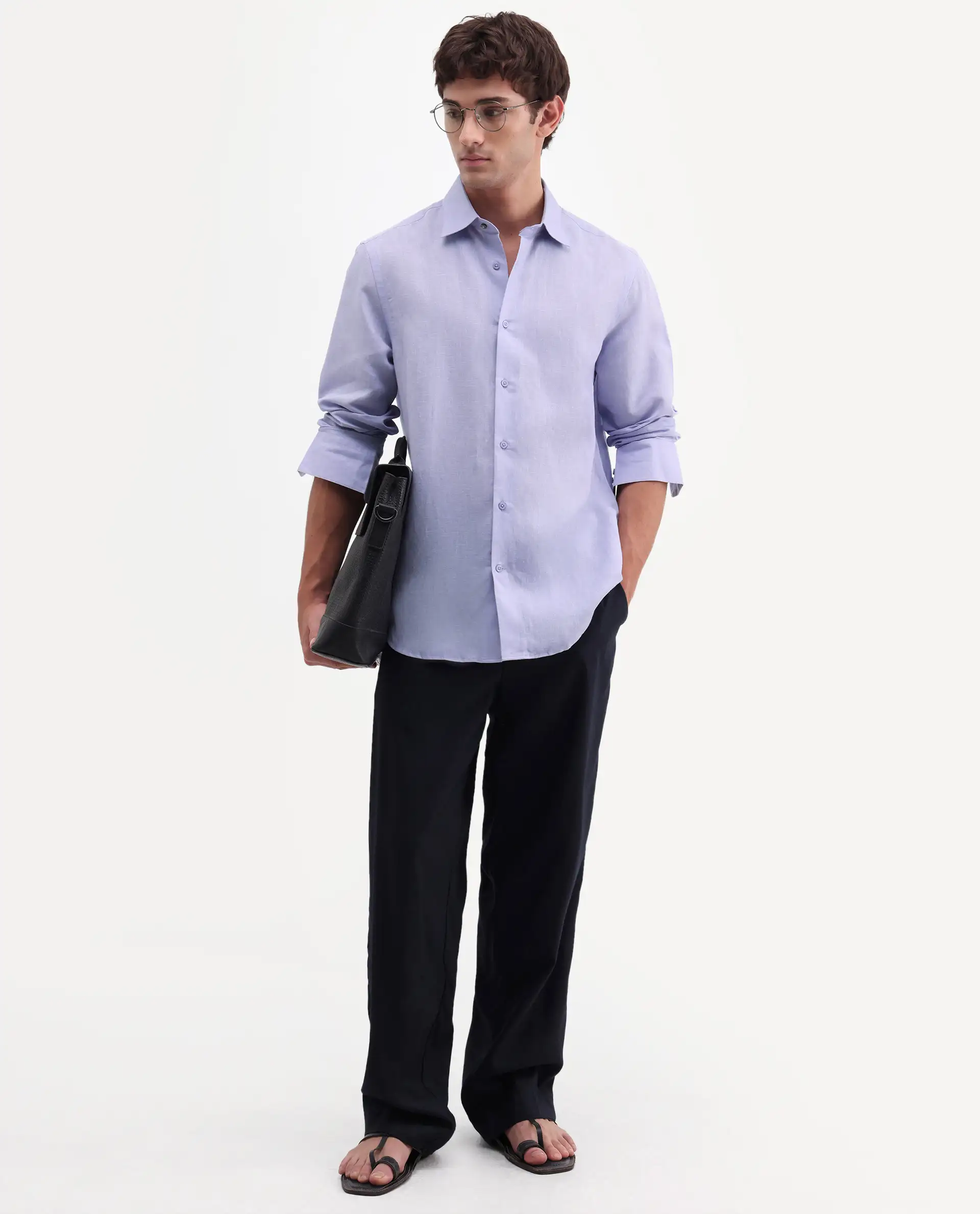 Rare Rabbit Men's Aeri-Fs Light Purple Linen Blend Fabric Full Sleeve Spread Collar Button Regular Plain Shirt - Image 2