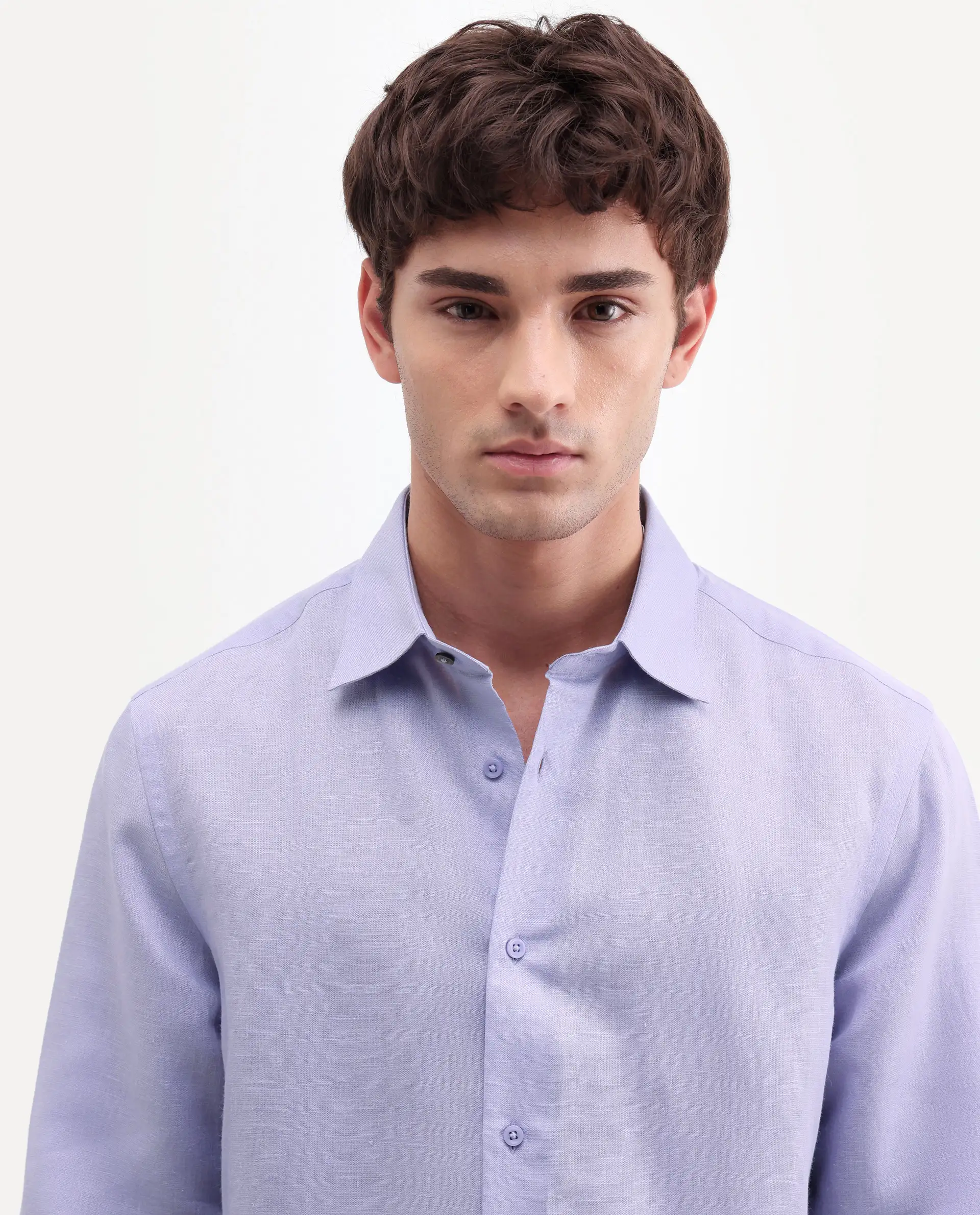 Rare Rabbit Men's Aeri-Fs Light Purple Linen Blend Fabric Full Sleeve Spread Collar Button Regular Plain Shirt - Image 3