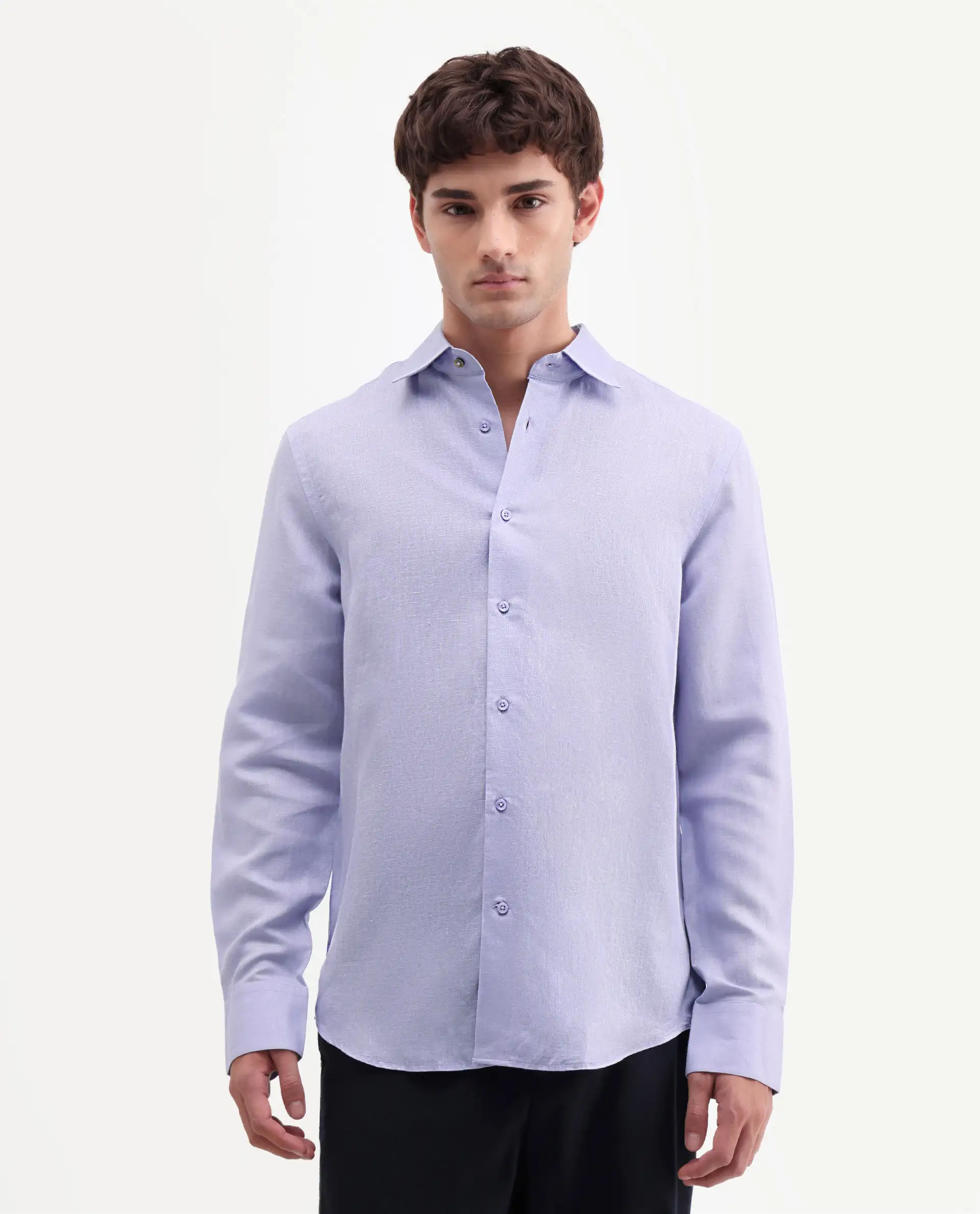 Rare Rabbit Men's Aeri-Fs Light Purple Linen Blend Fabric Full Sleeve Spread Collar Button Regular Plain Shirt - Image 4