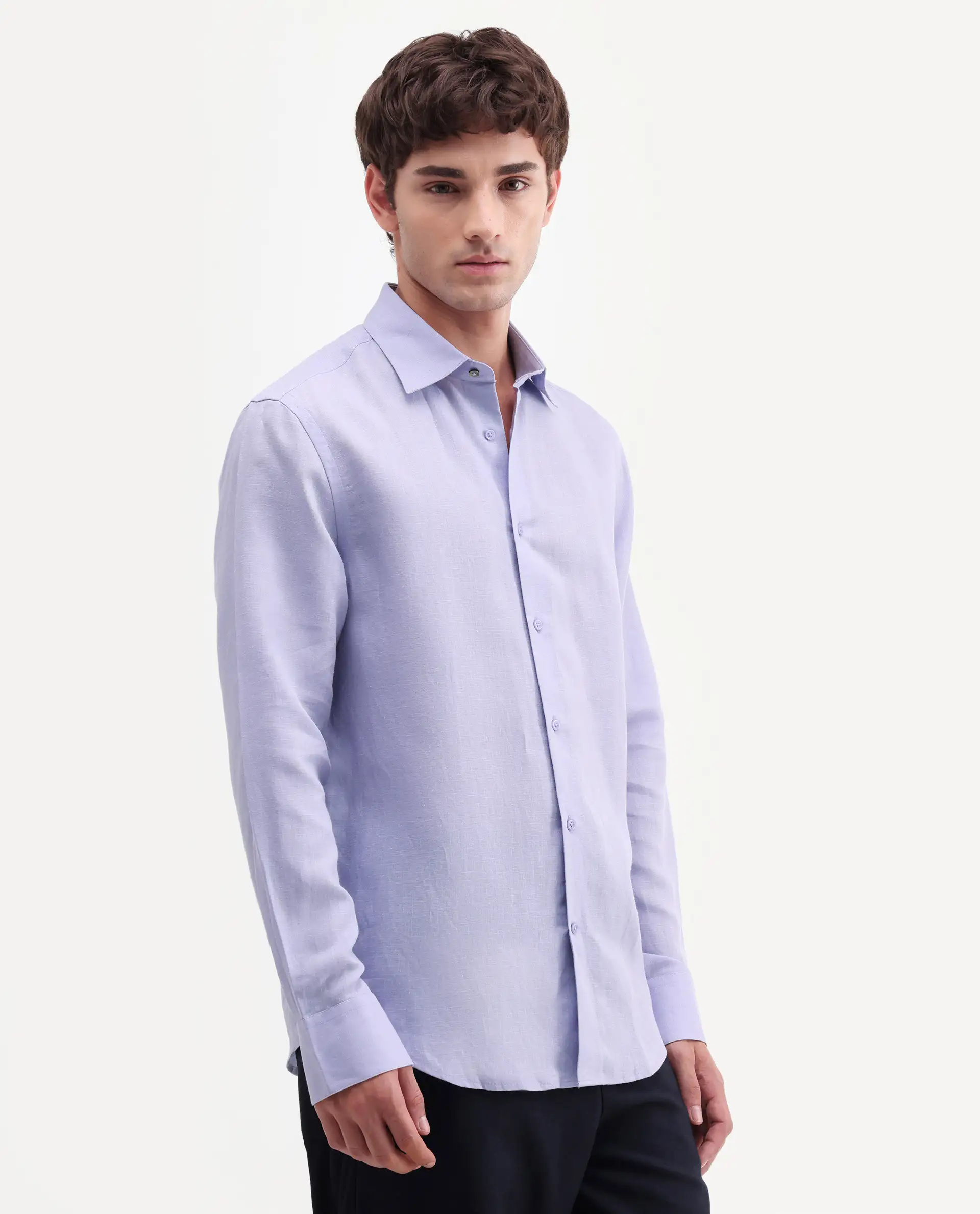 Rare Rabbit Men's Aeri-Fs Light Purple Linen Blend Fabric Full Sleeve Spread Collar Button Regular Plain Shirt - Image 5