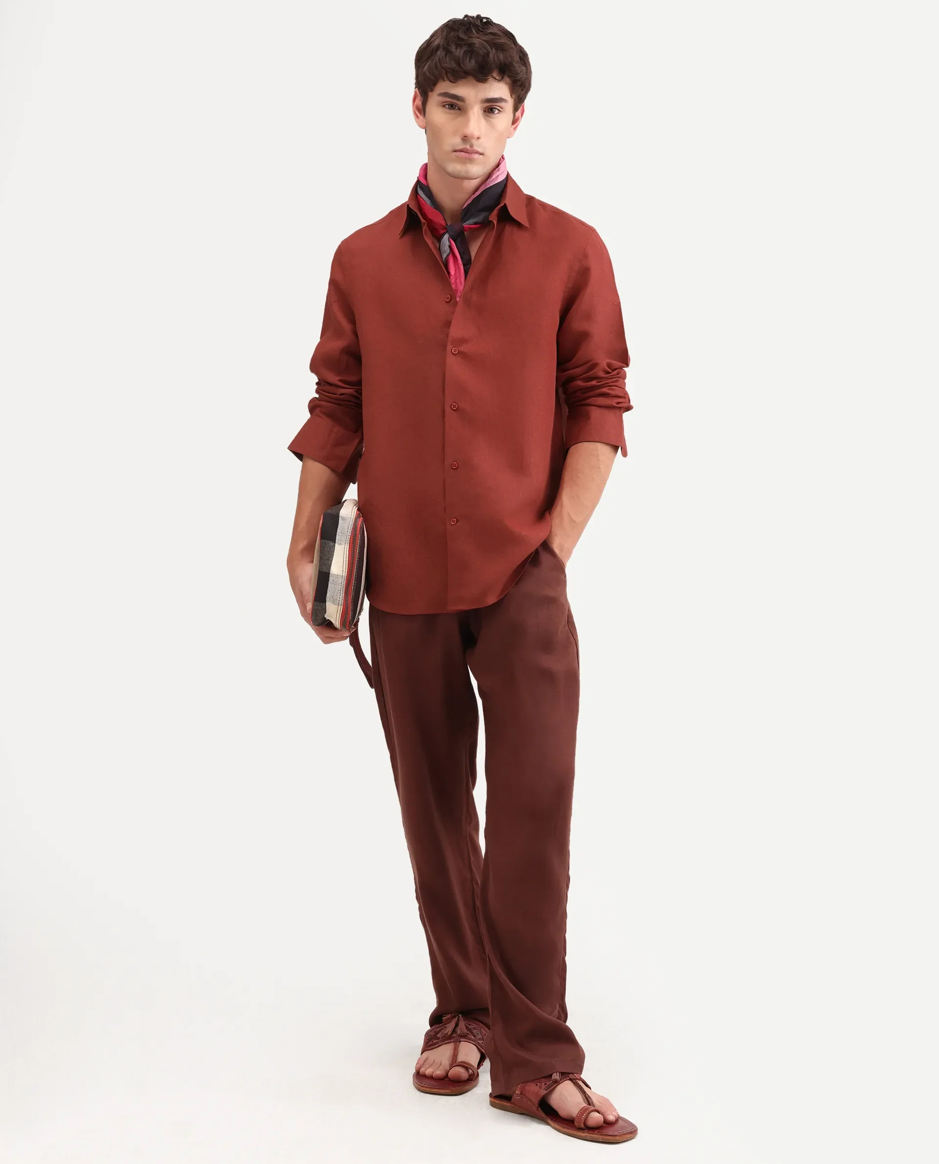 Rare Rabbit Men's Aeri-Fs Red Linen Blend Fabric Full Sleeve Spread Collar Button Regular Plain Shirt - Image 2