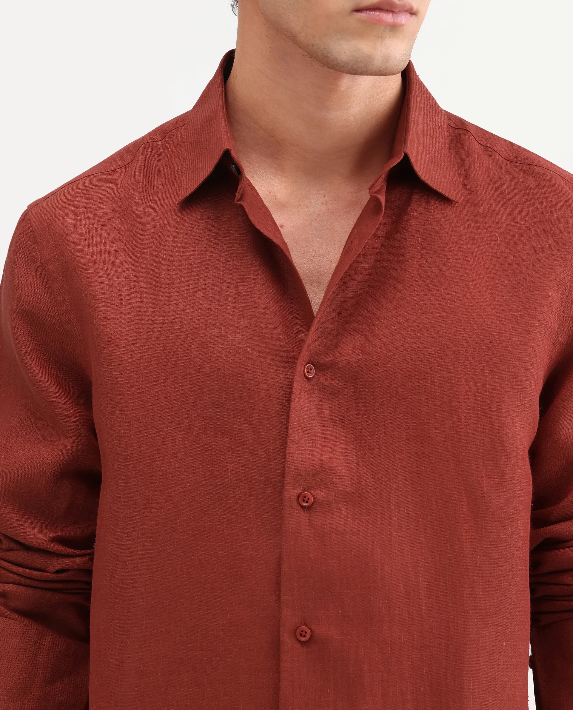 Rare Rabbit Men's Aeri-Fs Red Linen Blend Fabric Full Sleeve Spread Collar Button Regular Plain Shirt - Image 3