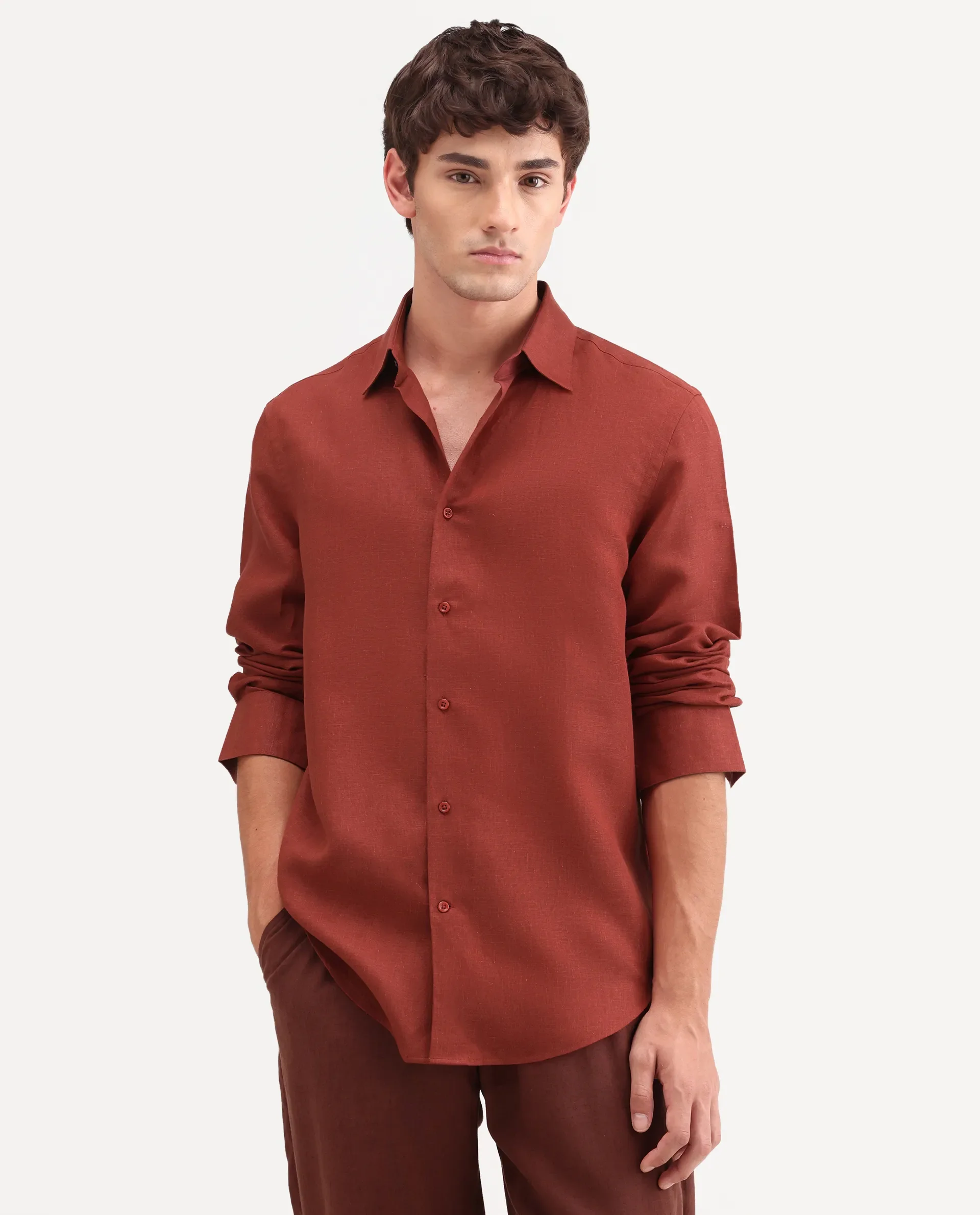 Rare Rabbit Men's Aeri-Fs Red Linen Blend Fabric Full Sleeve Spread Collar Button Regular Plain Shirt - Image 4