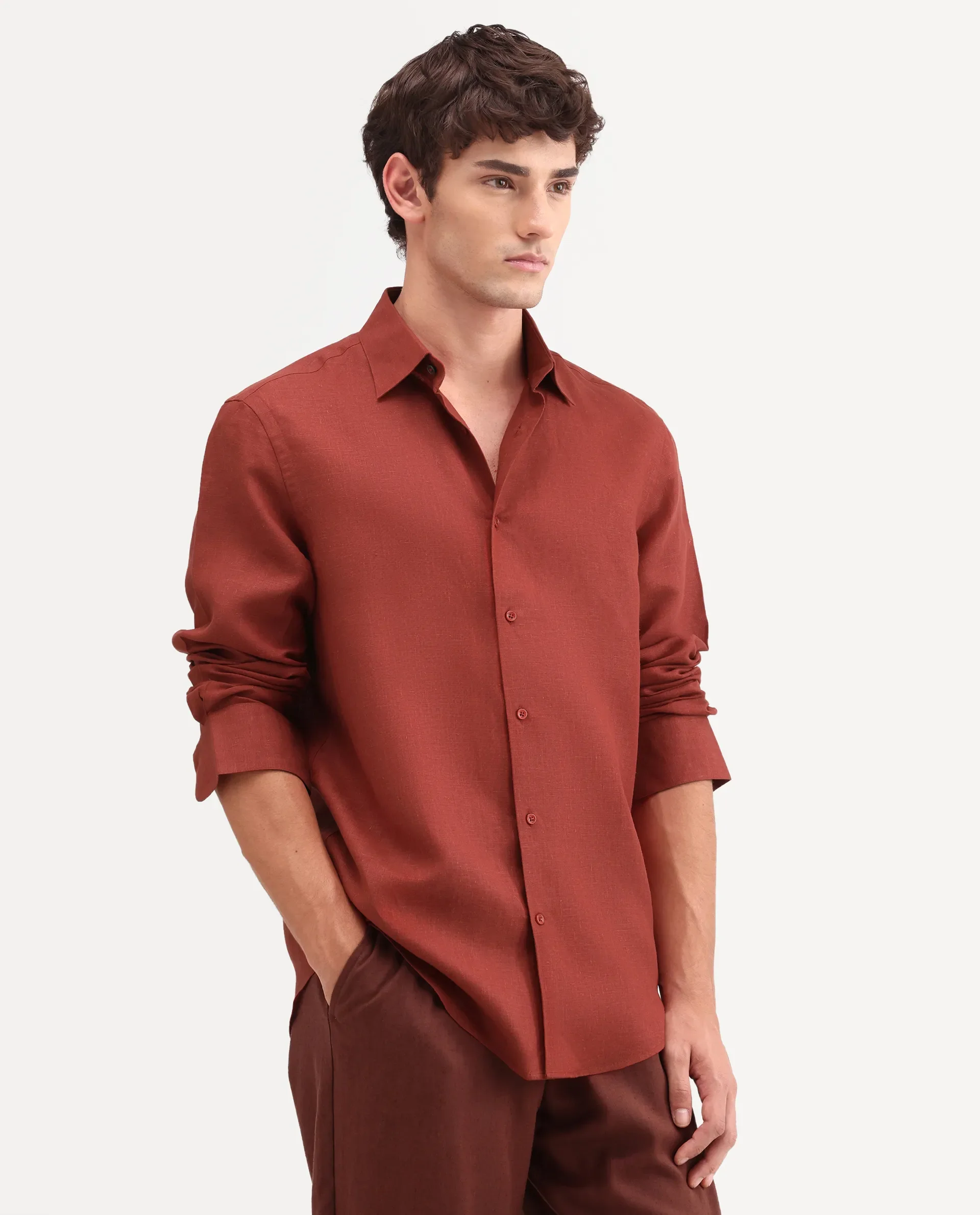 Rare Rabbit Men's Aeri-Fs Red Linen Blend Fabric Full Sleeve Spread Collar Button Regular Plain Shirt - Image 5