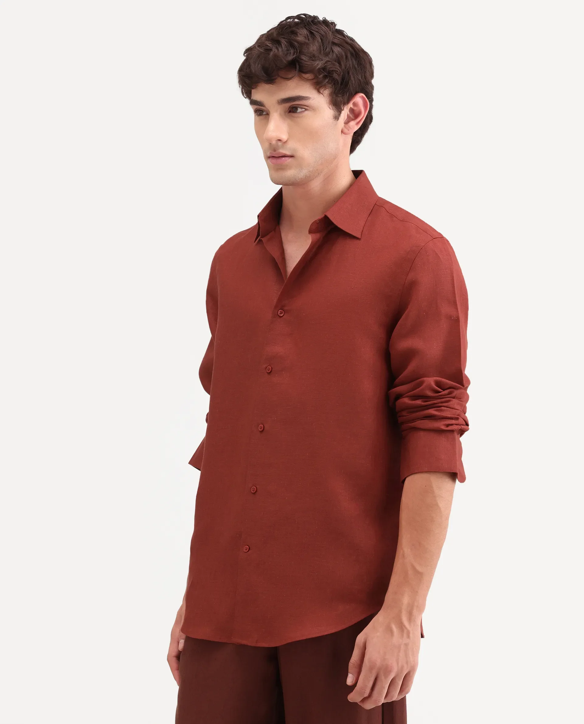 Rare Rabbit Men's Aeri-Fs Red Linen Blend Fabric Full Sleeve Spread Collar Button Regular Plain Shirt - Image 6