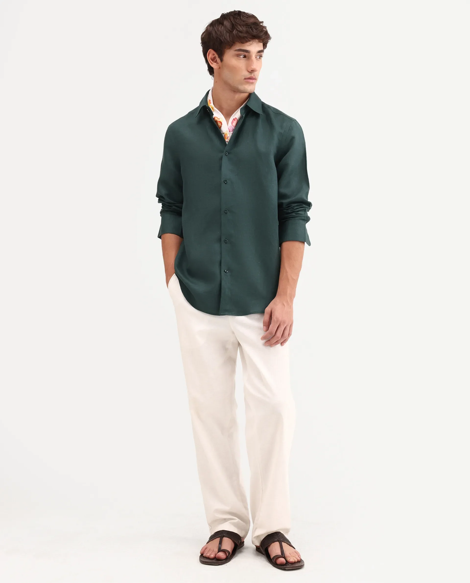 Rare Rabbit Men's Aeri-Fs Teal Linen Blend Fabric Full Sleeve Spread Collar Button Regular Plain Shirt - Image 2