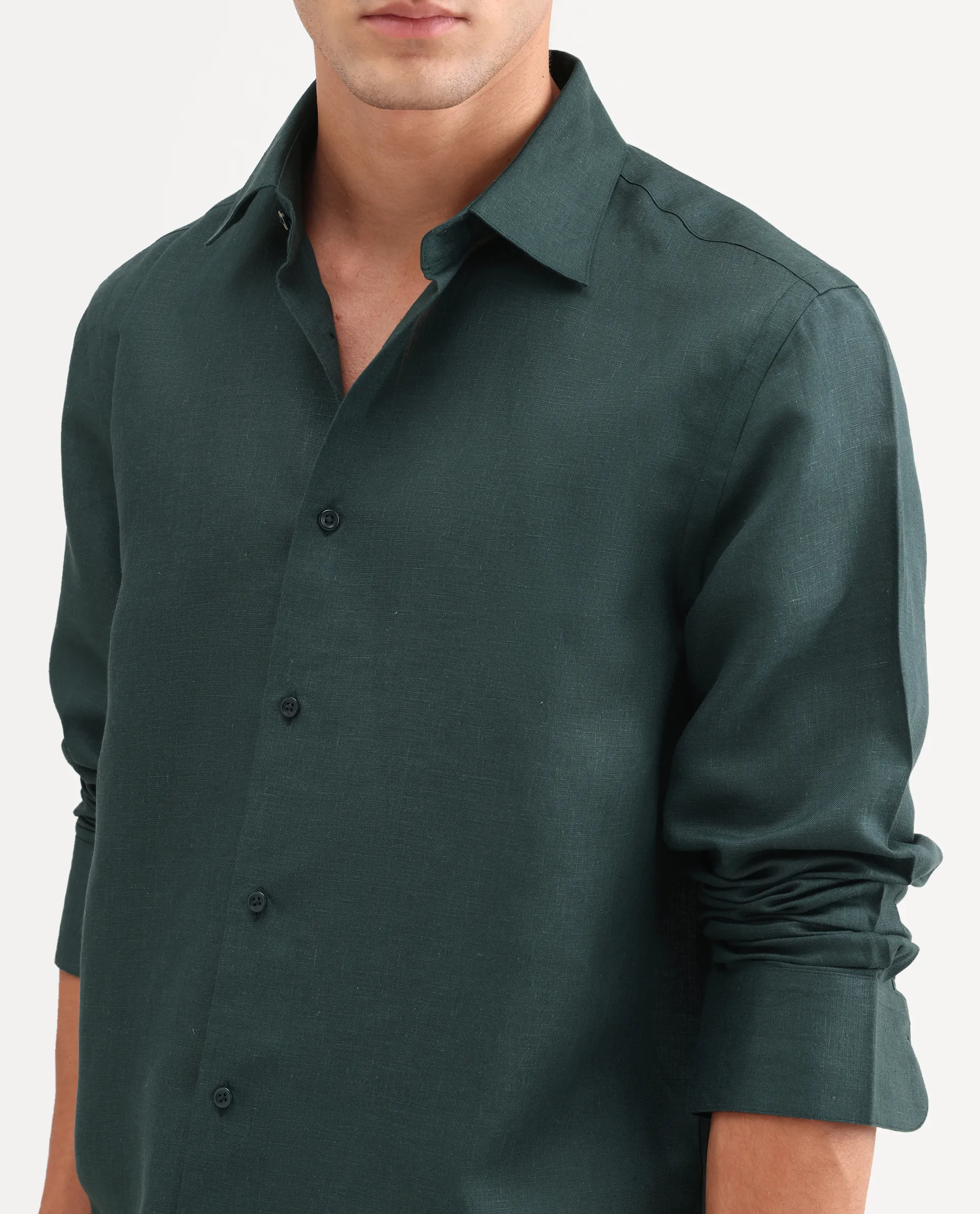 Rare Rabbit Men's Aeri-Fs Teal Linen Blend Fabric Full Sleeve Spread Collar Button Regular Plain Shirt - Image 3