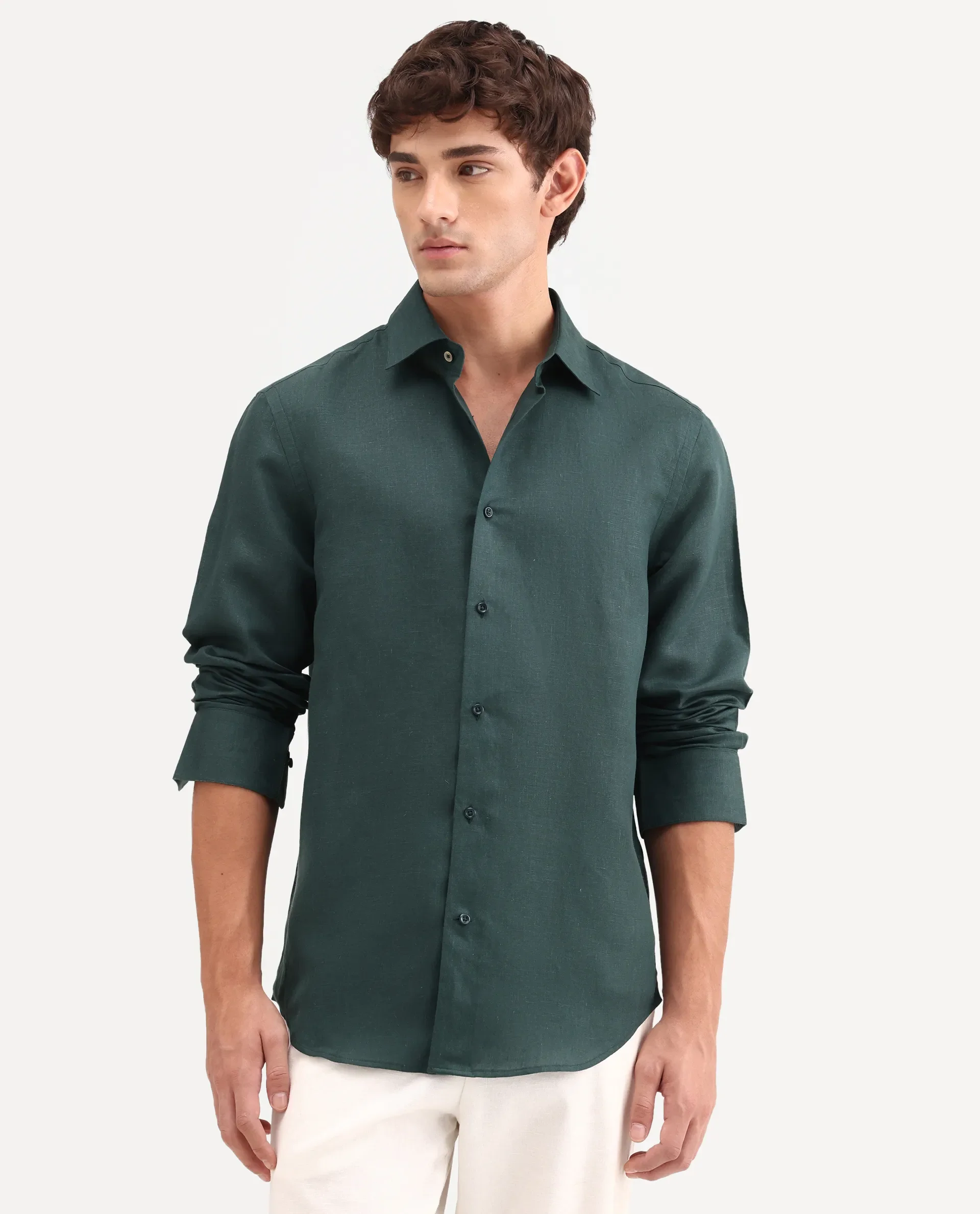 Rare Rabbit Men's Aeri-Fs Teal Linen Blend Fabric Full Sleeve Spread Collar Button Regular Plain Shirt - Image 4