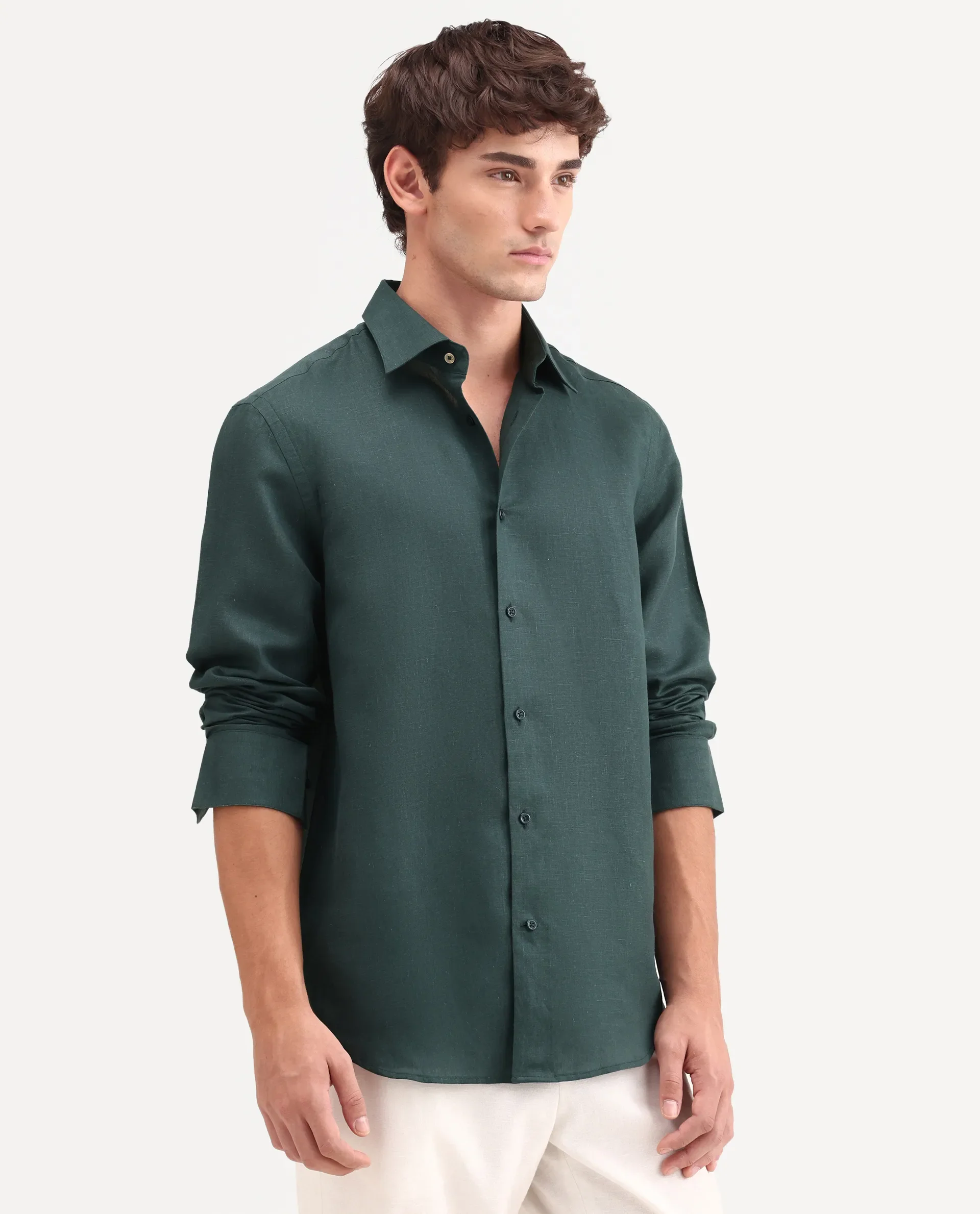 Rare Rabbit Men's Aeri-Fs Teal Linen Blend Fabric Full Sleeve Spread Collar Button Regular Plain Shirt - Image 5