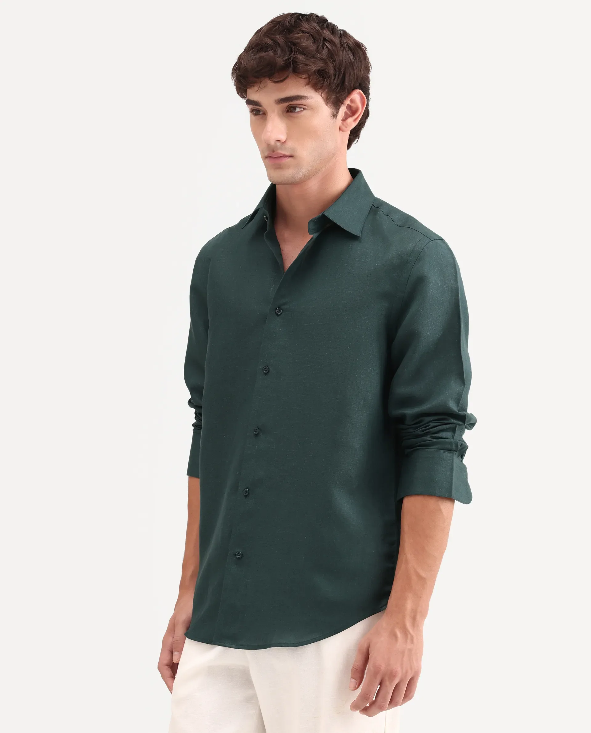 Rare Rabbit Men's Aeri-Fs Teal Linen Blend Fabric Full Sleeve Spread Collar Button Regular Plain Shirt - Image 6