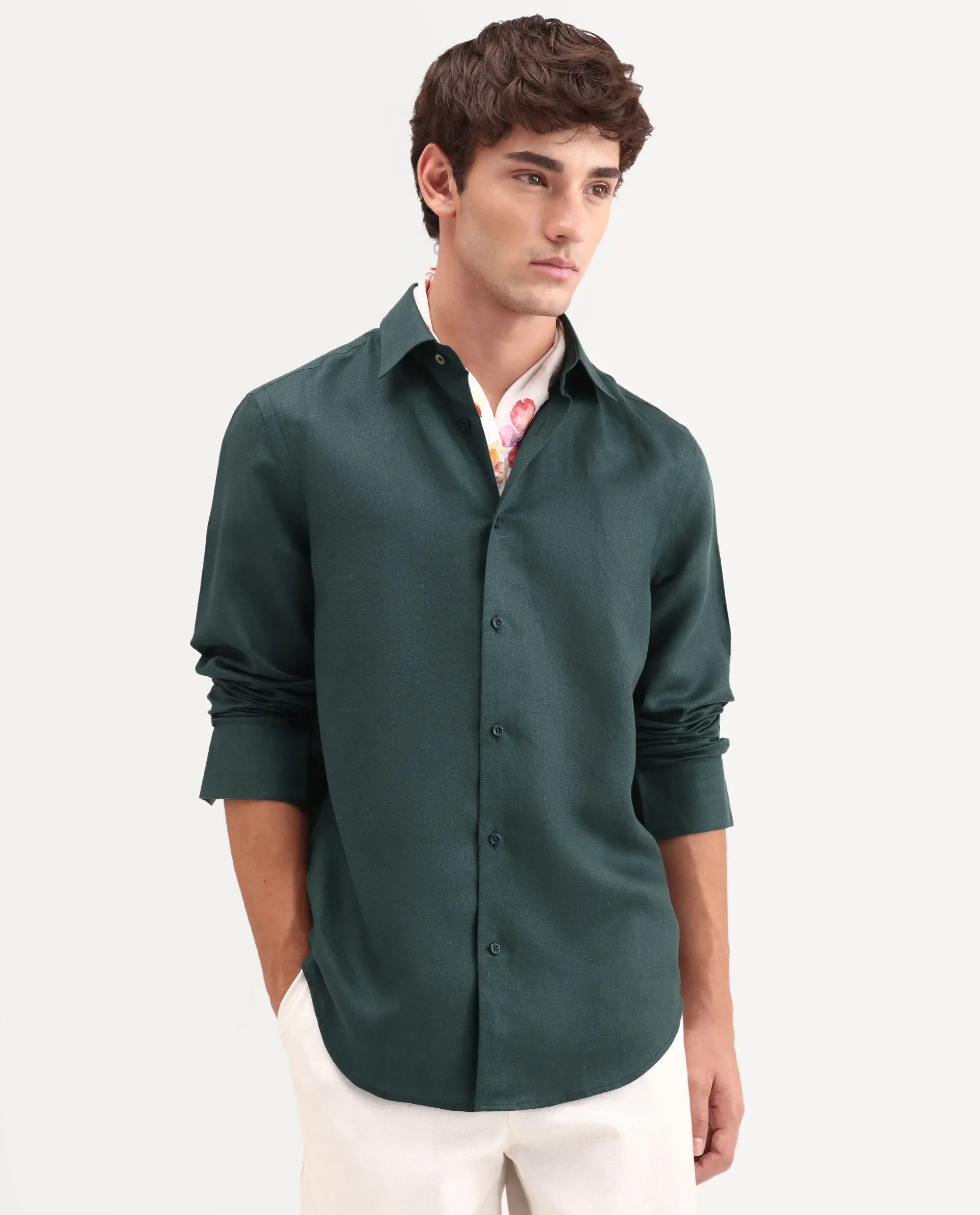 Rare Rabbit Men's Aeri-Fs Teal Linen Blend Fabric Full Sleeve Spread Collar Button Regular Plain Shirt - Image 7