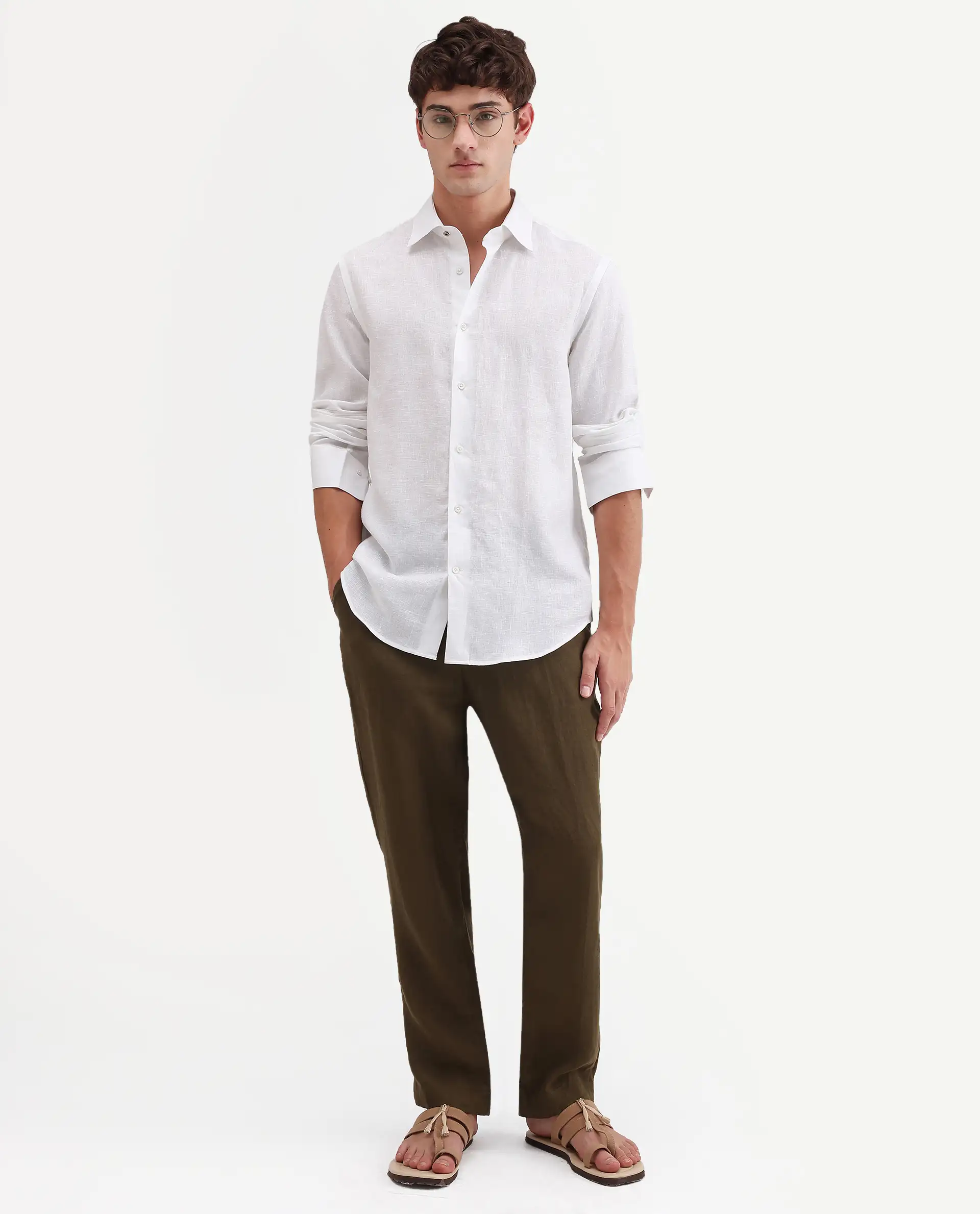 Rare Rabbit Men's Aeri-Fs White Linen Blend Fabric Full Sleeve Spread Collar Button Regular Plain Shirt - Image 2