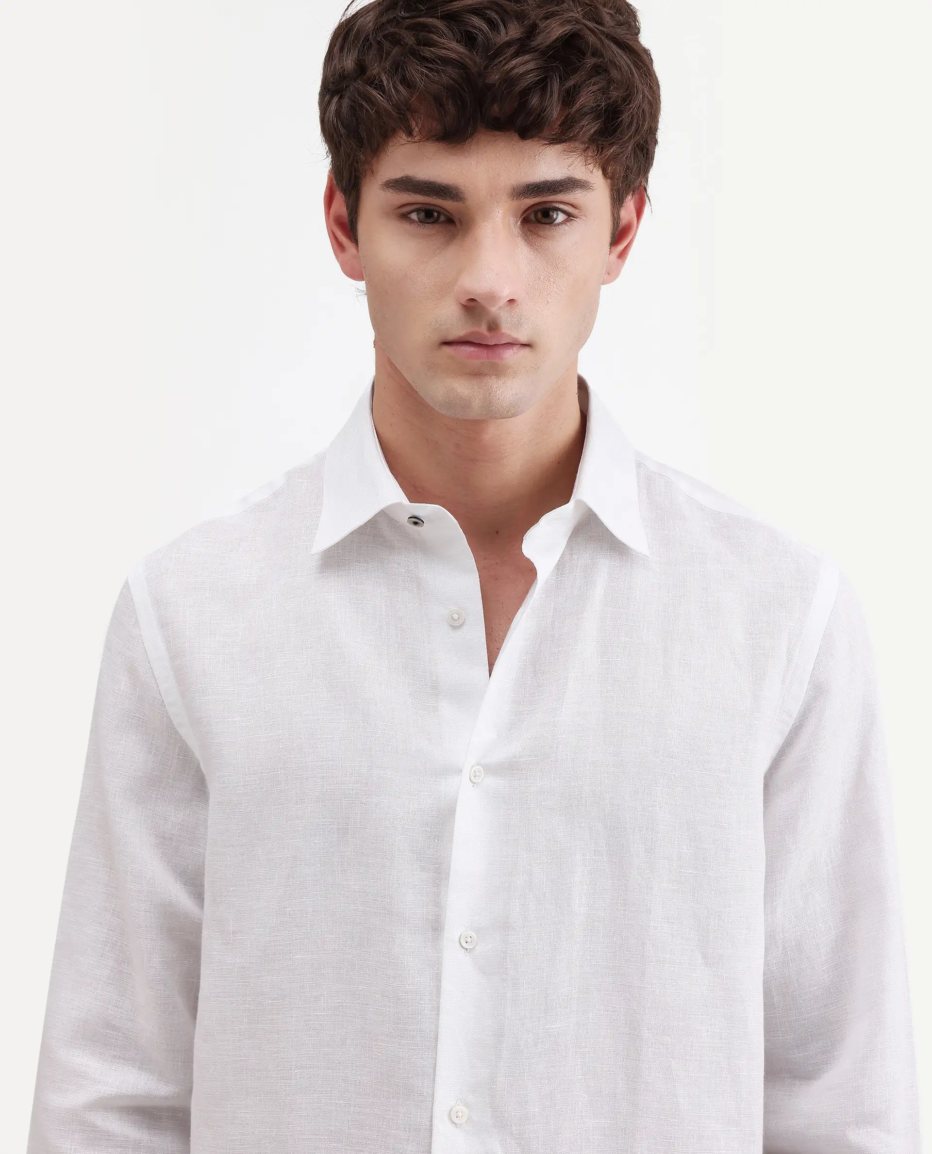 Rare Rabbit Men's Aeri-Fs White Linen Blend Fabric Full Sleeve Spread Collar Button Regular Plain Shirt - Image 3