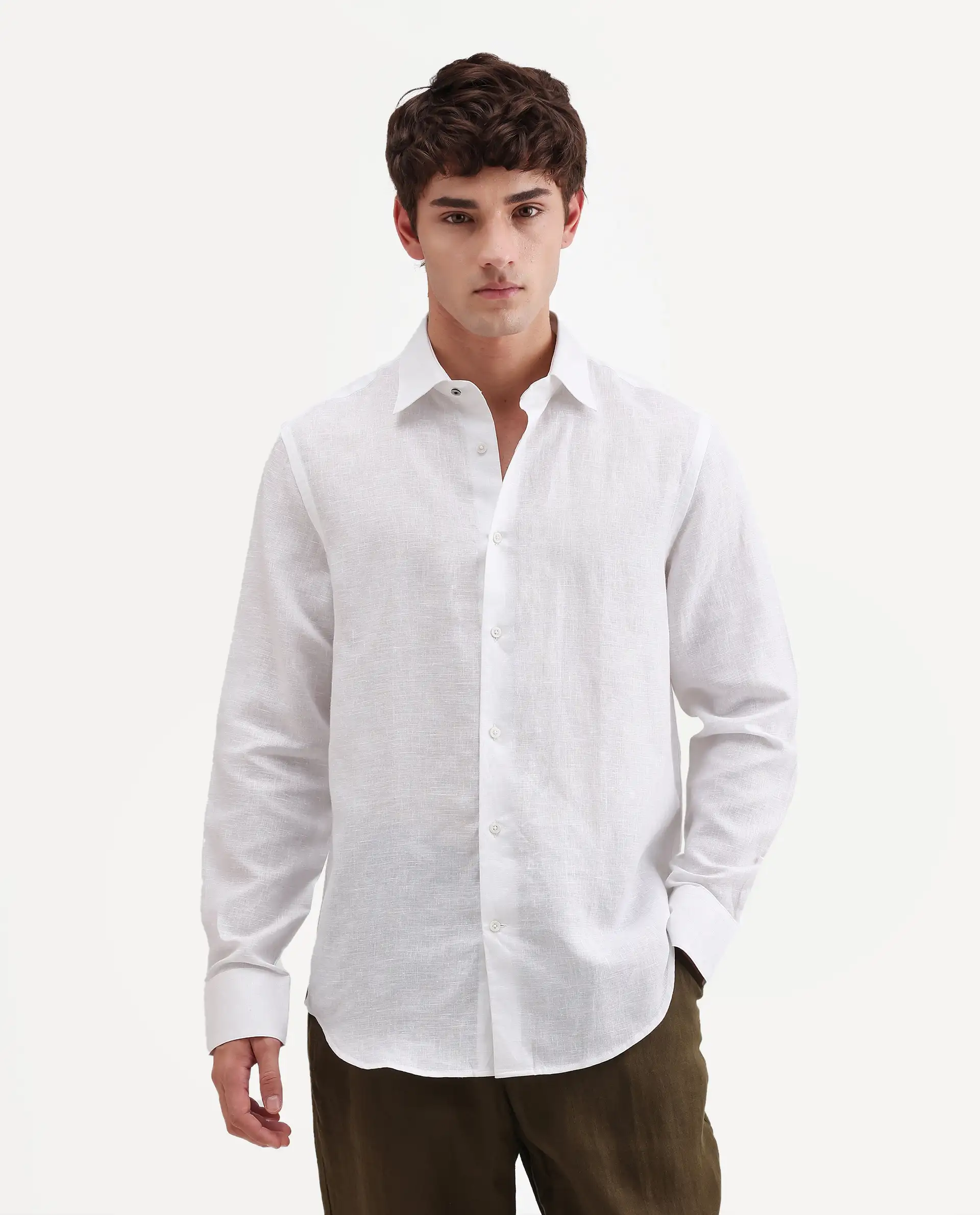Rare Rabbit Men's Aeri-Fs White Linen Blend Fabric Full Sleeve Spread Collar Button Regular Plain Shirt - Image 4