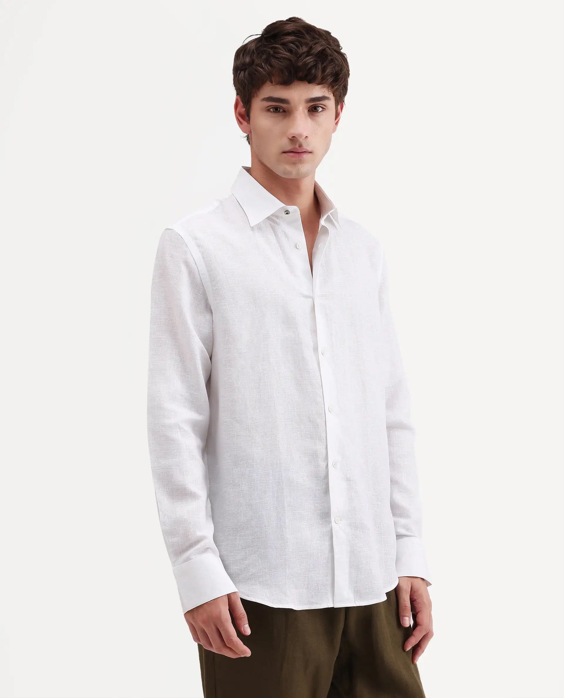 Rare Rabbit Men's Aeri-Fs White Linen Blend Fabric Full Sleeve Spread Collar Button Regular Plain Shirt - Image 5