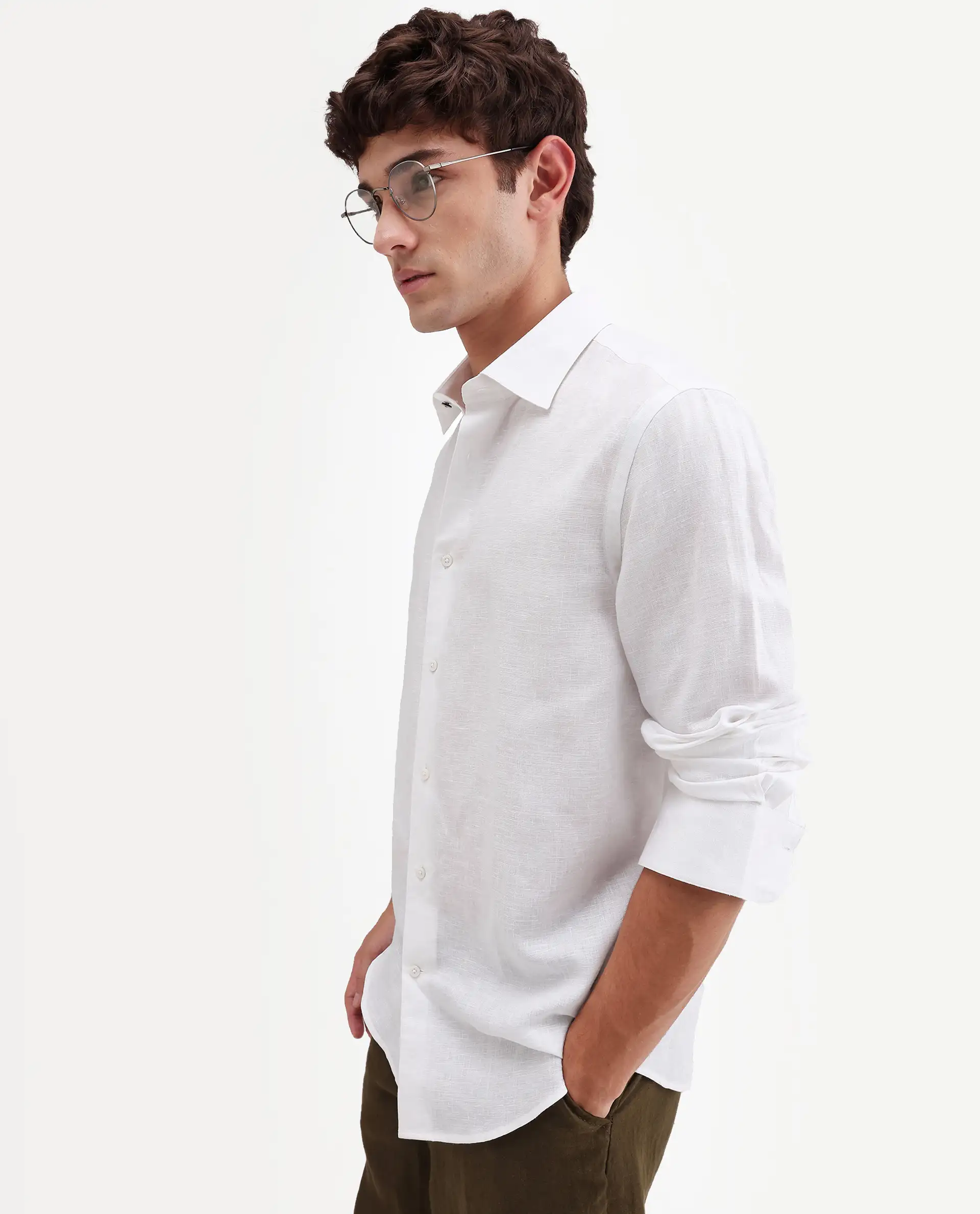 Rare Rabbit Men's Aeri-Fs White Linen Blend Fabric Full Sleeve Spread Collar Button Regular Plain Shirt - Image 6