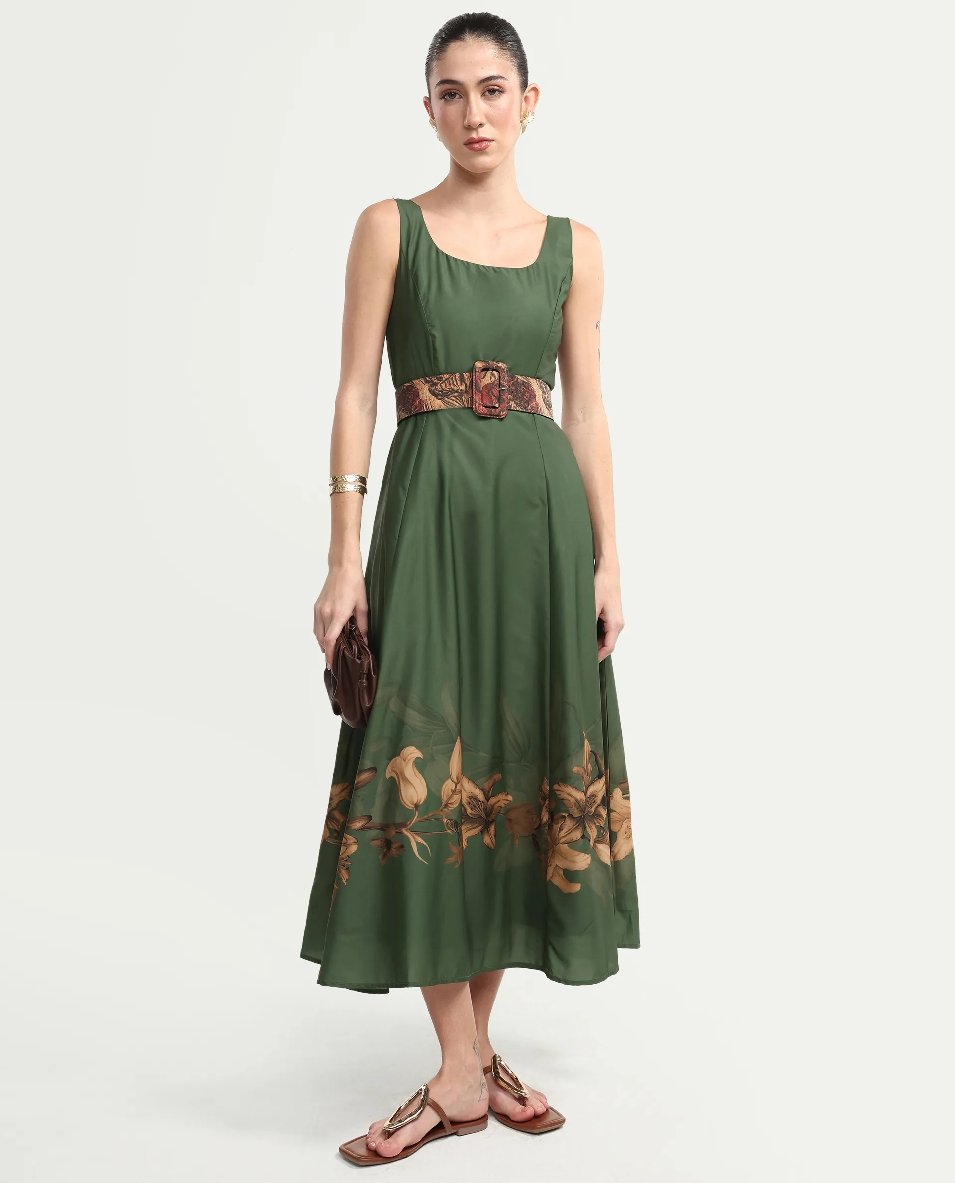 Rareism Women's Aeria Olive Polyester Sleeveless Fit And Flare Floral Print Dress