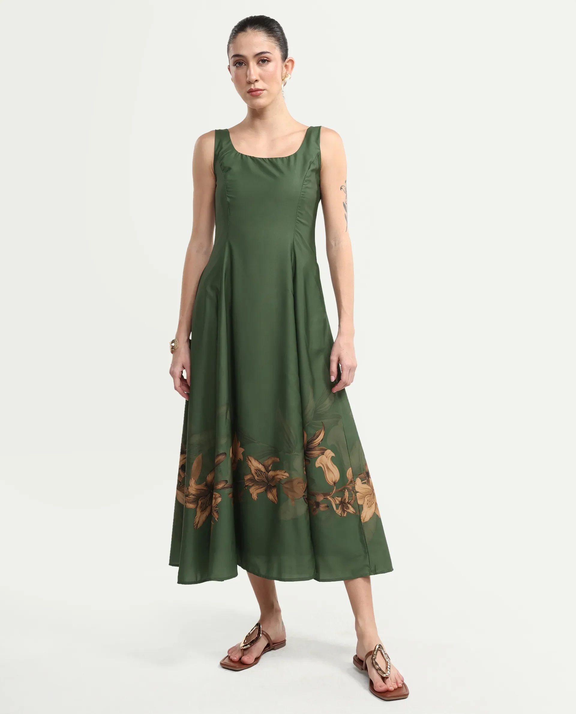 Rareism Women's Aeria Olive Polyester Sleeveless Fit And Flare Floral Print Dress - Image 2