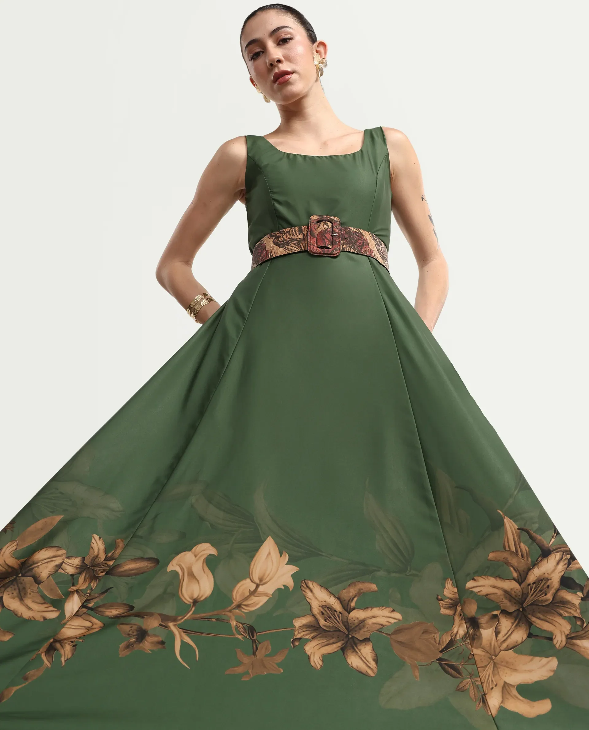 Rareism Women's Aeria Olive Polyester Sleeveless Fit And Flare Floral Print Dress - Image 3