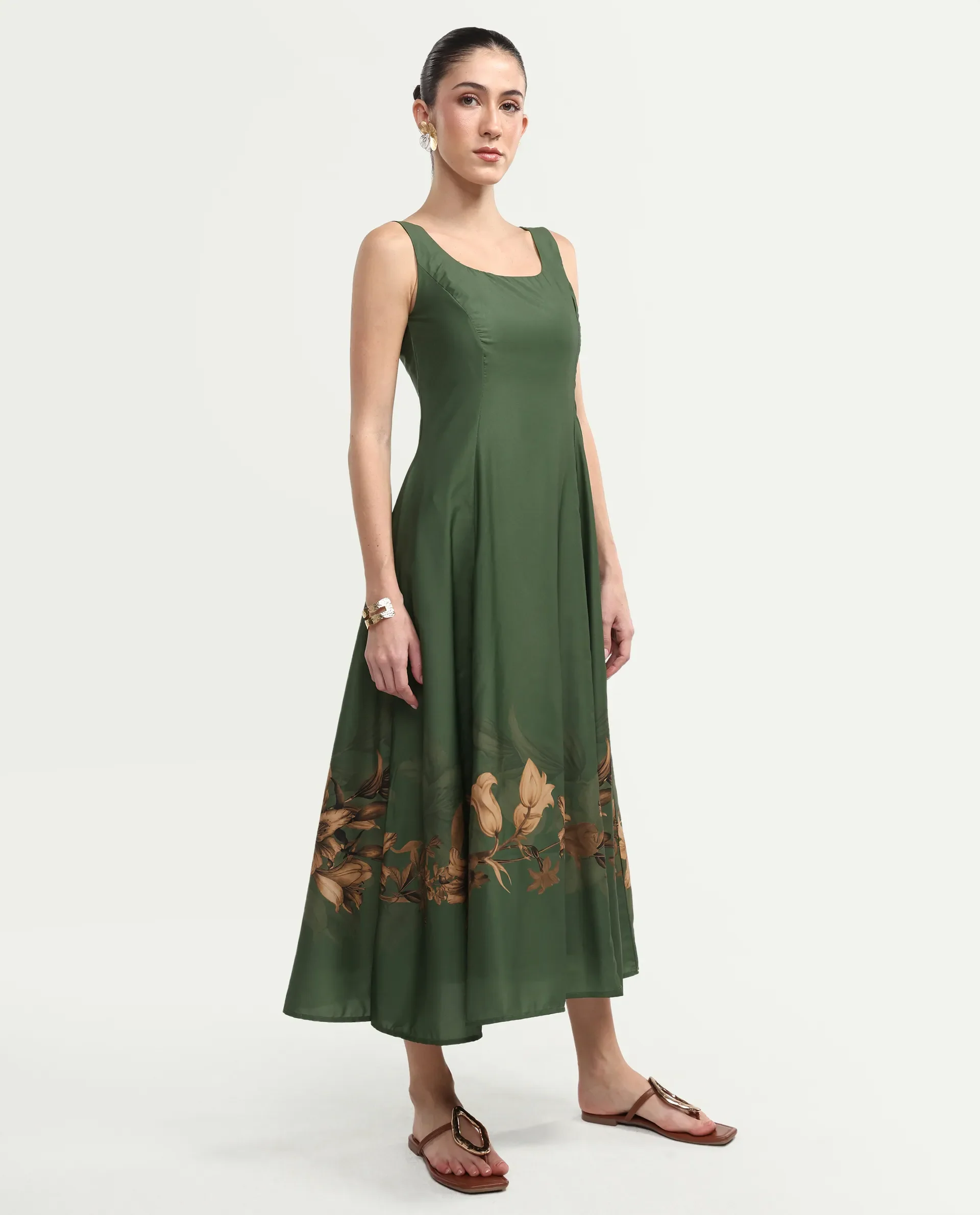 Rareism Women's Aeria Olive Polyester Sleeveless Fit And Flare Floral Print Dress - Image 5