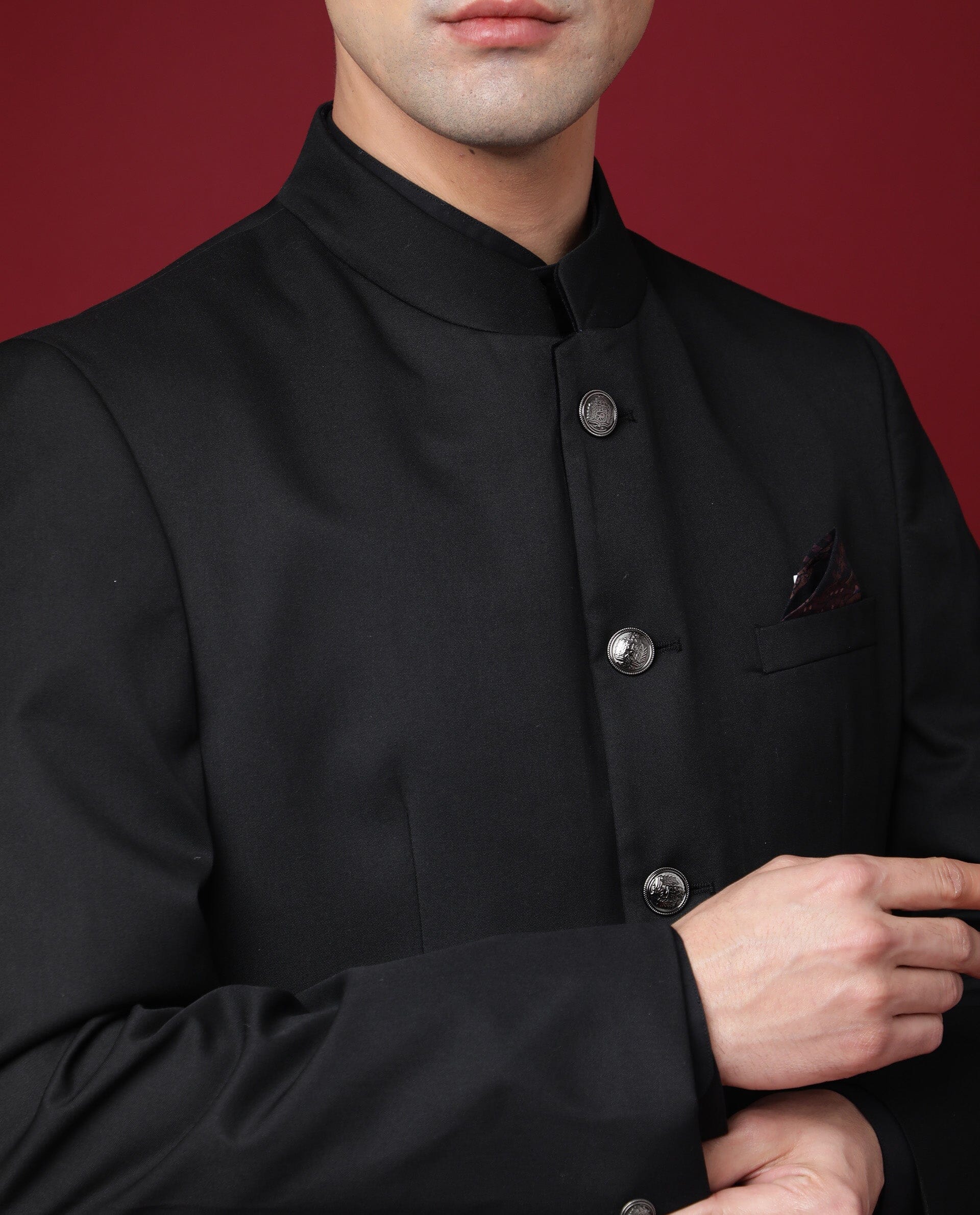 Rare Rabbit Men's Aero Black Polyester Plain Tailored Fit Full Sleeve Mandarin Collar Bandhgala Jodhpuri - Image 2