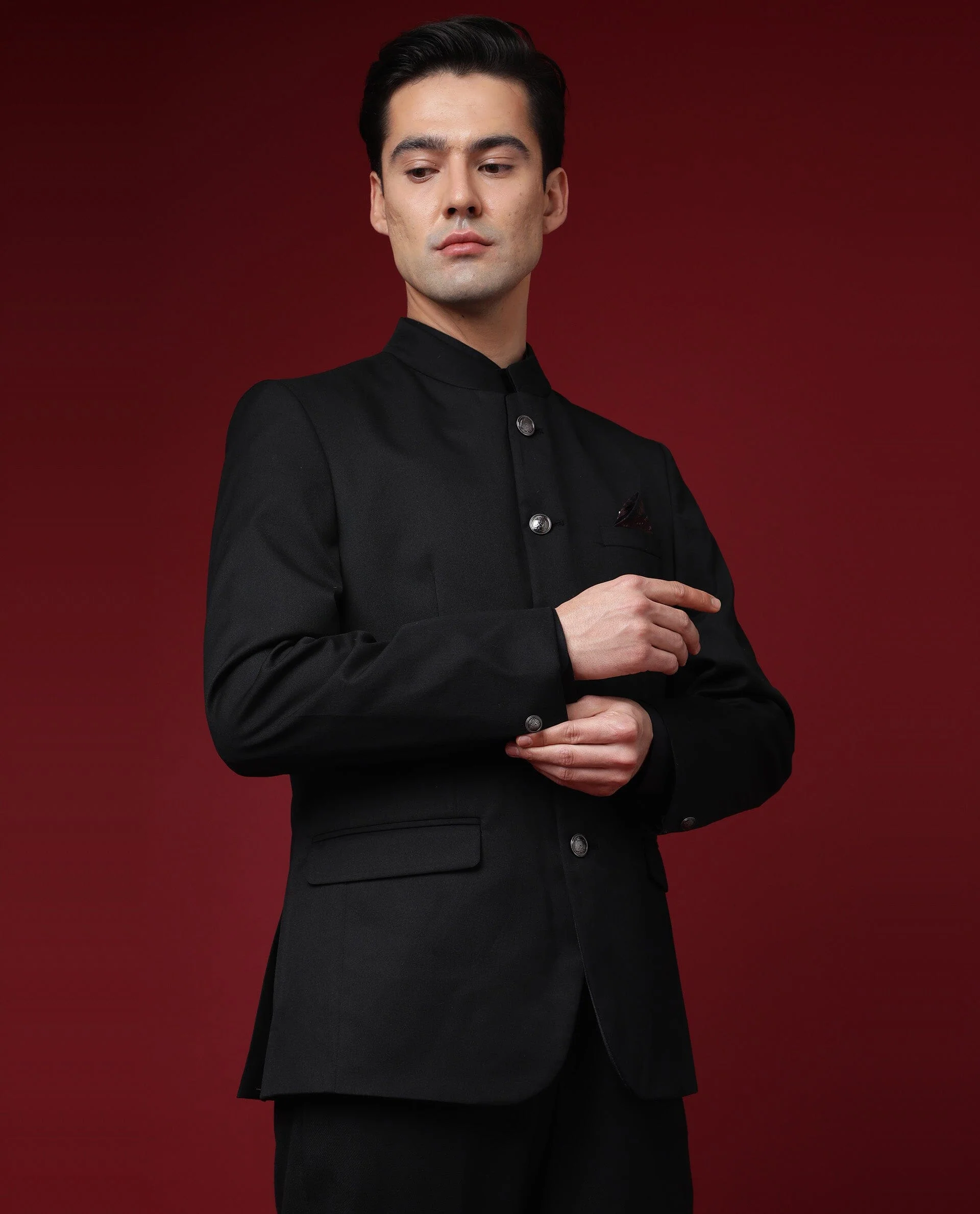 Rare Rabbit Men's Aero Black Polyester Plain Tailored Fit Full Sleeve Mandarin Collar Bandhgala Jodhpuri - Image 3