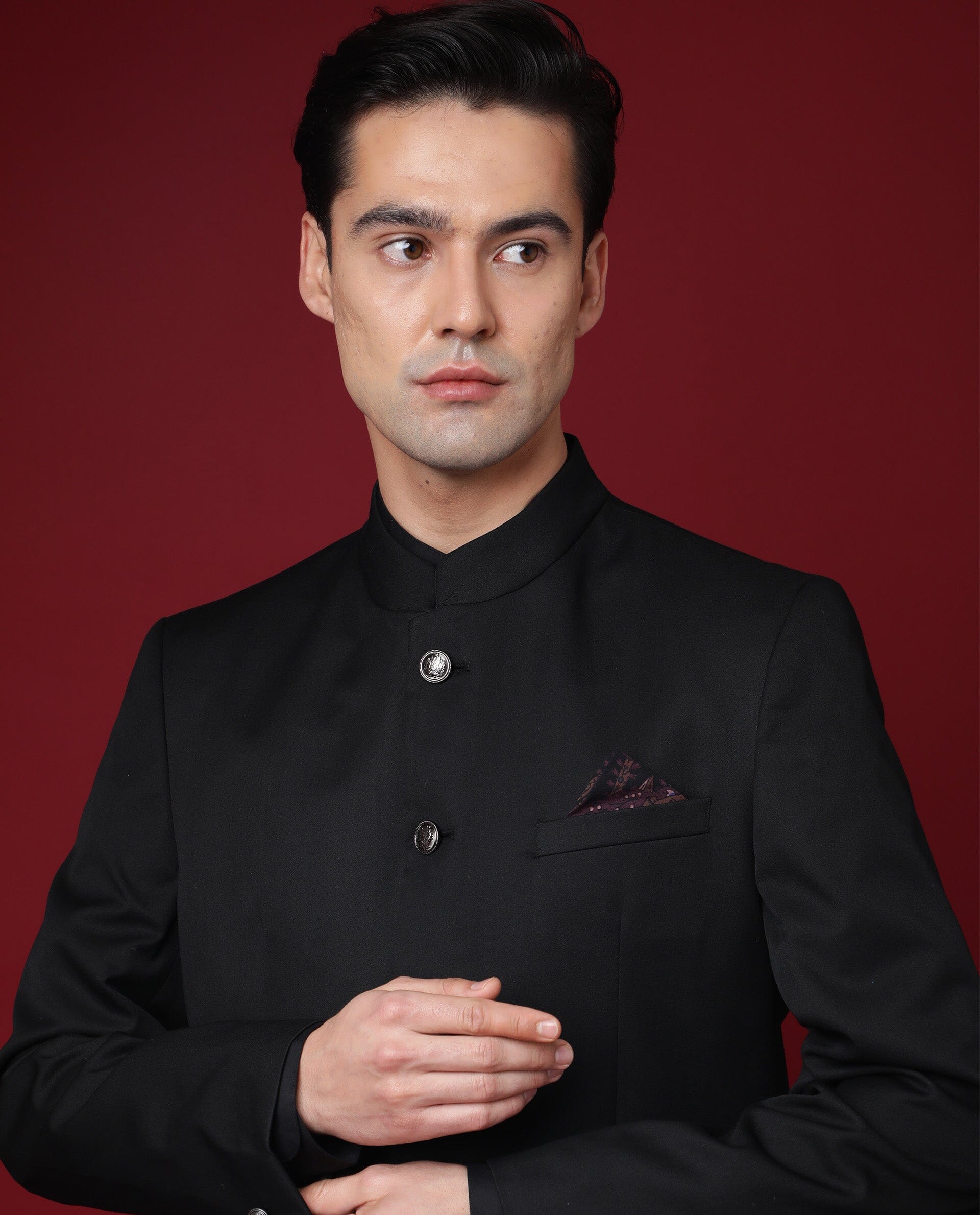 Rare Rabbit Men's Aero Black Polyester Plain Tailored Fit Full Sleeve Mandarin Collar Bandhgala Jodhpuri - Image 4