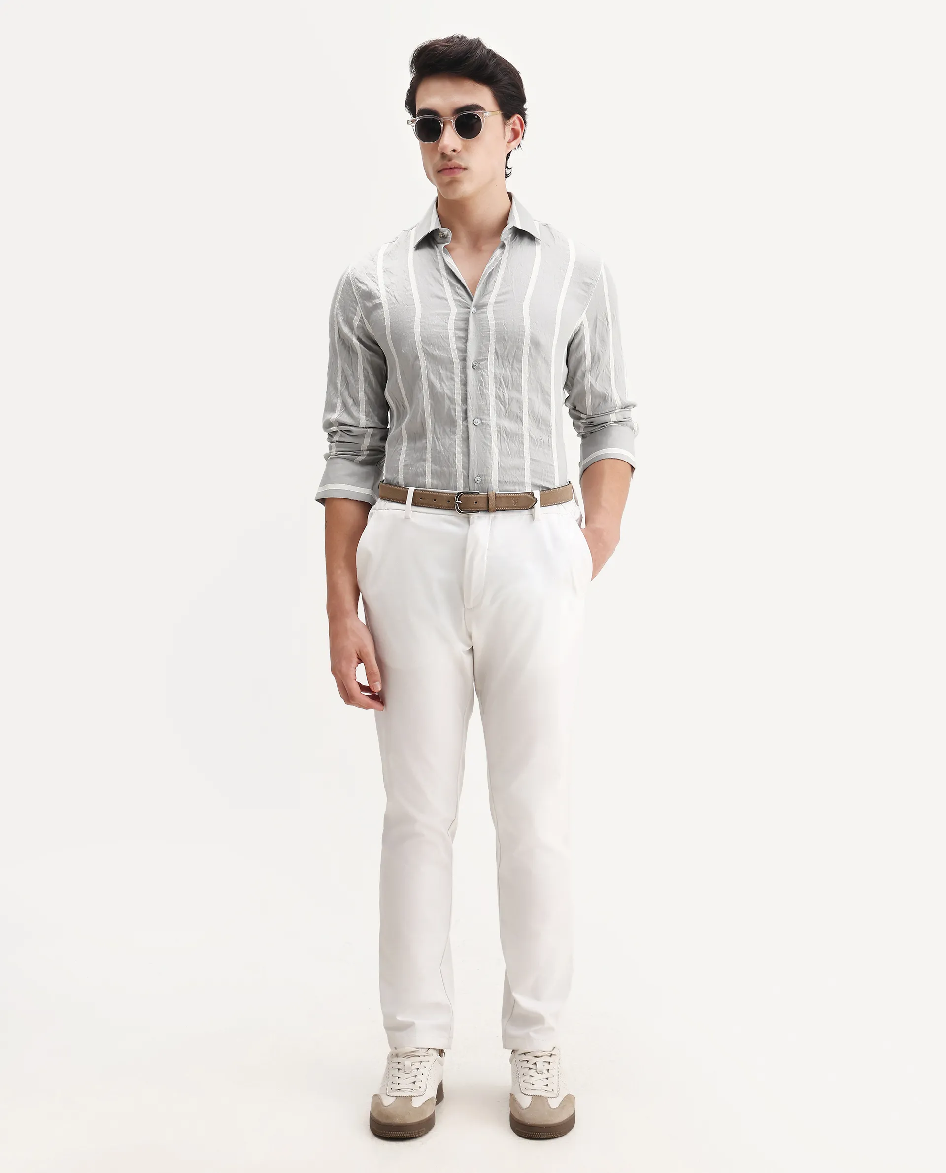 Rare Rabbit Men's Aero Grey Viscose Fabric Spread Collar Regular Fit Striped Shirt - Image 2