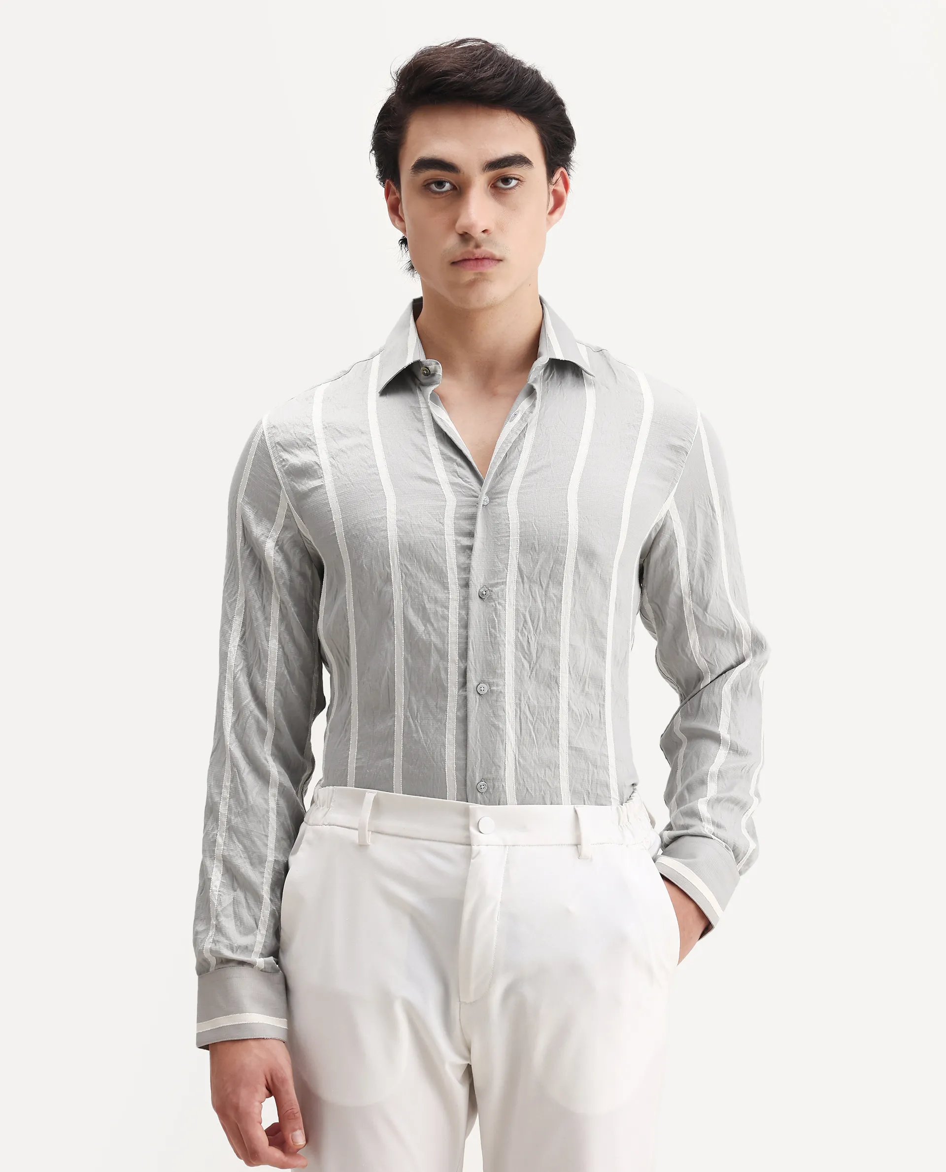 Rare Rabbit Men's Aero Grey Viscose Fabric Spread Collar Regular Fit Striped Shirt - Image 4