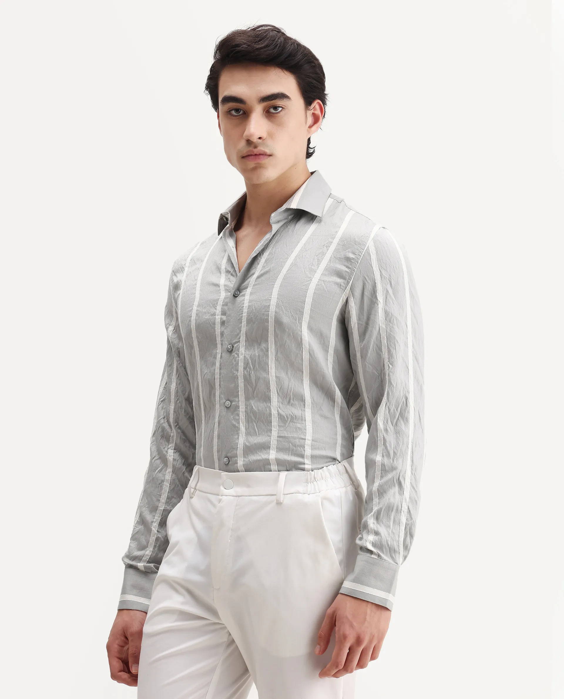 Rare Rabbit Men's Aero Grey Viscose Fabric Spread Collar Regular Fit Striped Shirt - Image 5