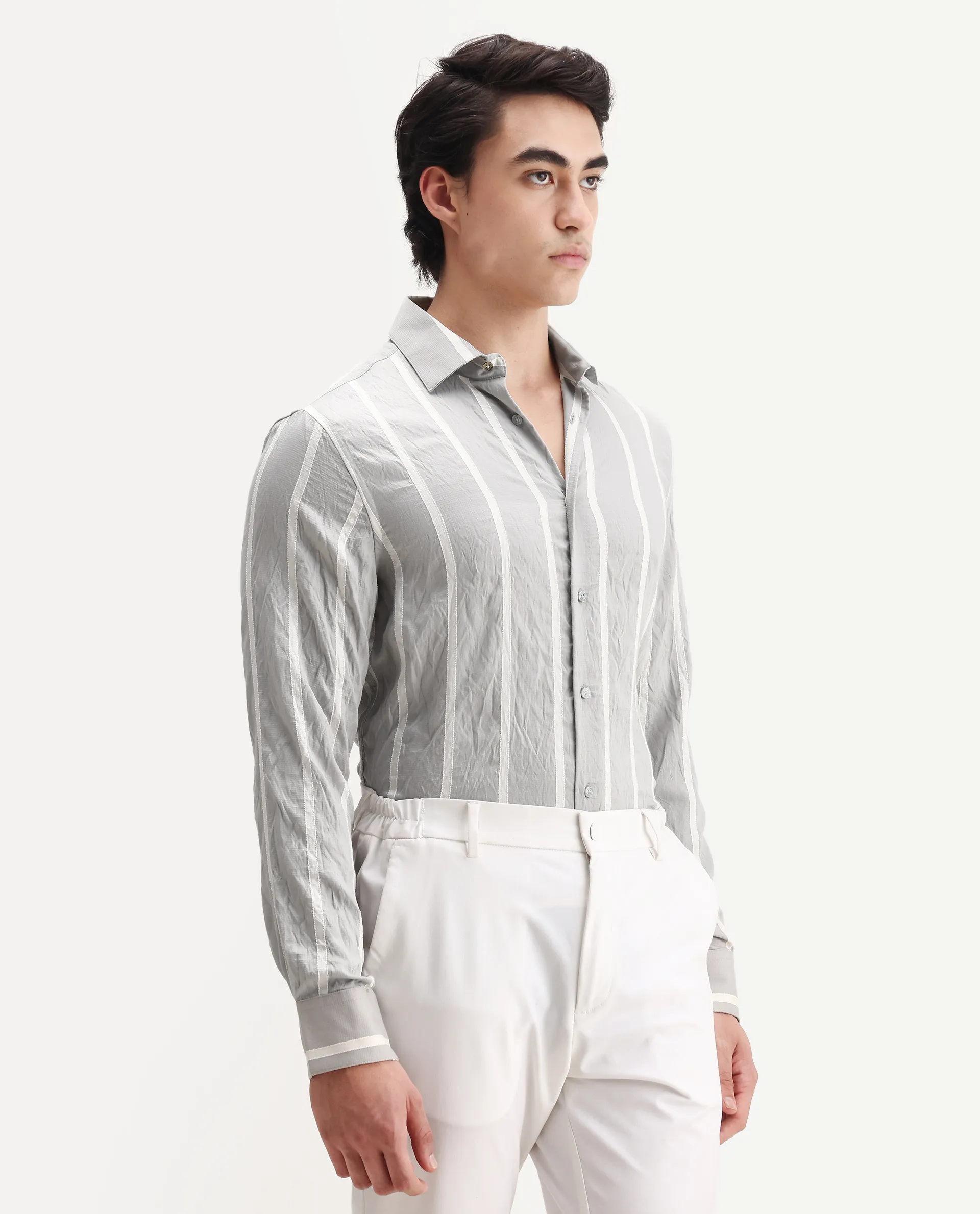 Rare Rabbit Men's Aero Grey Viscose Fabric Spread Collar Regular Fit Striped Shirt - Image 6
