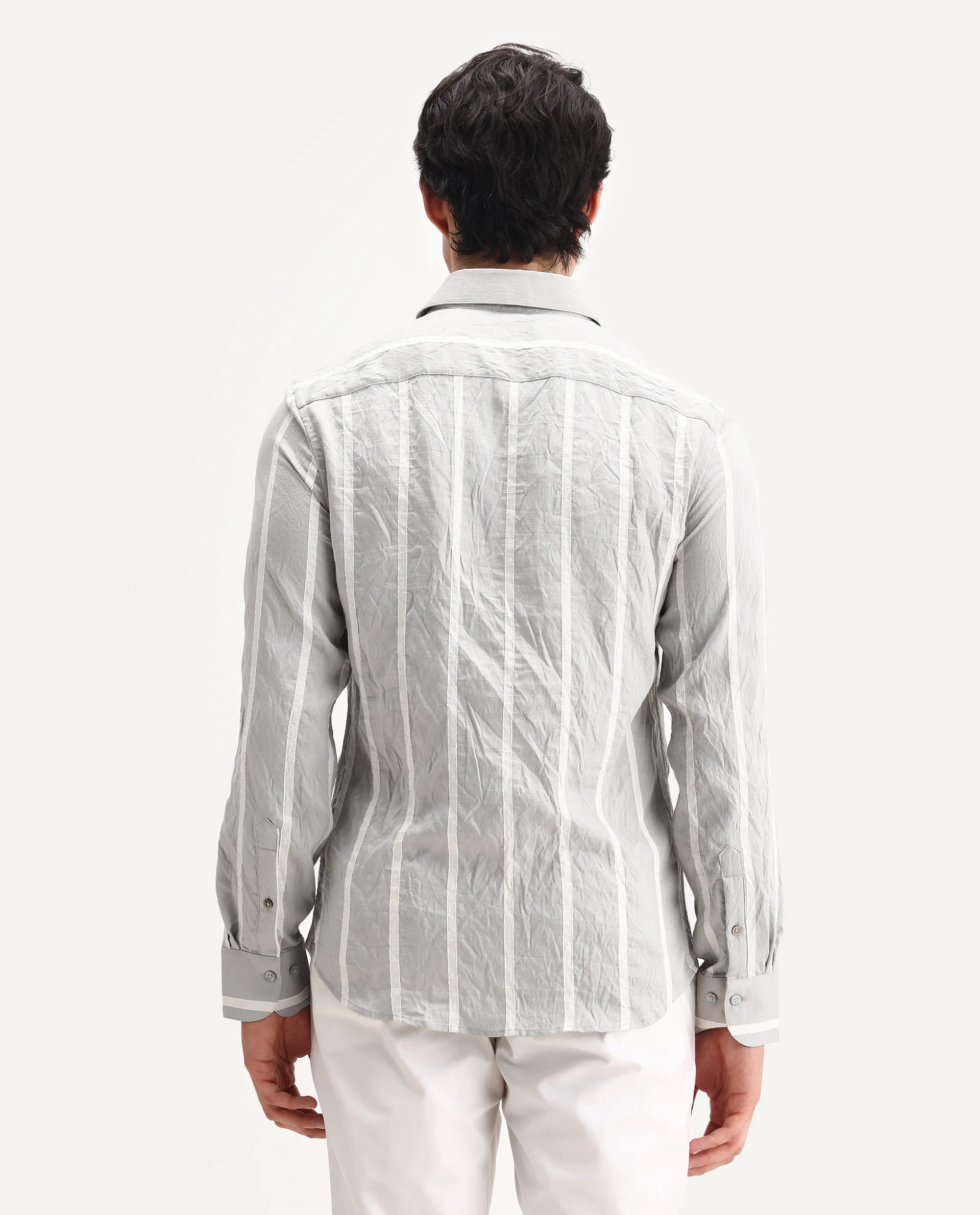 Rare Rabbit Men's Aero Grey Viscose Fabric Spread Collar Regular Fit Striped Shirt - Image 7