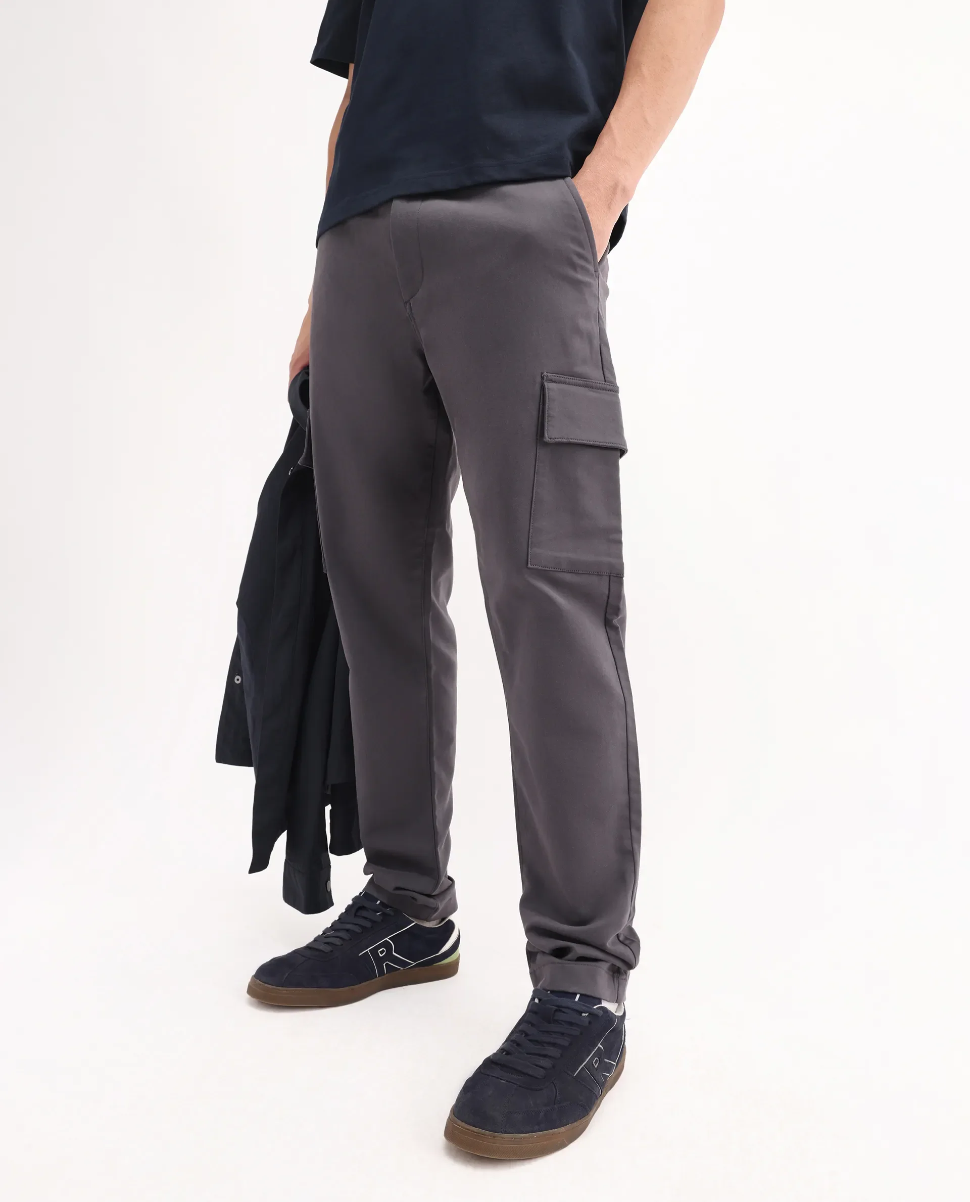 Rare Rabbit Men's Aero Dark Grey Cotton Blend Plain Relaxed Fit Trouser - Image 2